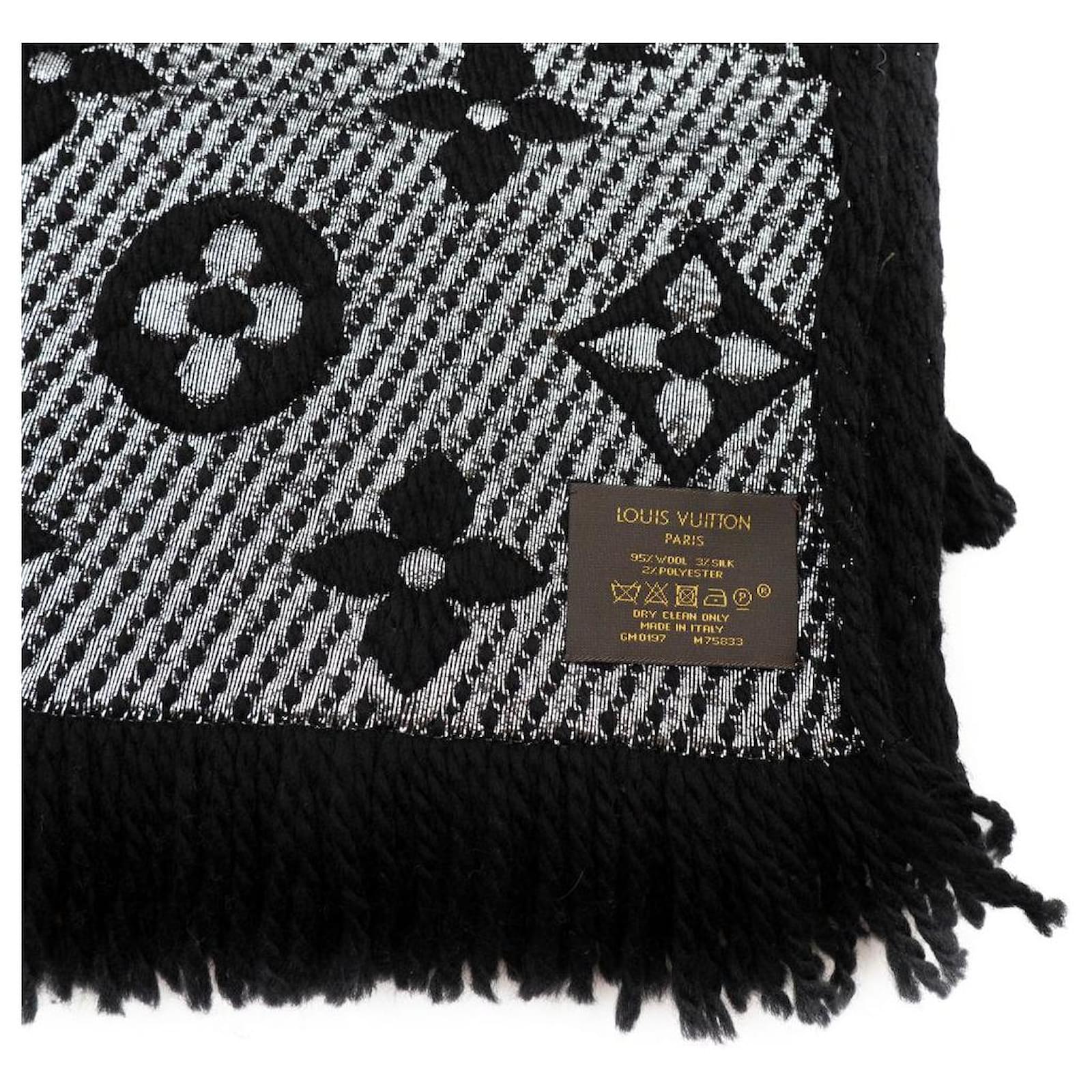 Echarpe longue Louis Vuitton en laine noire avec monogramme