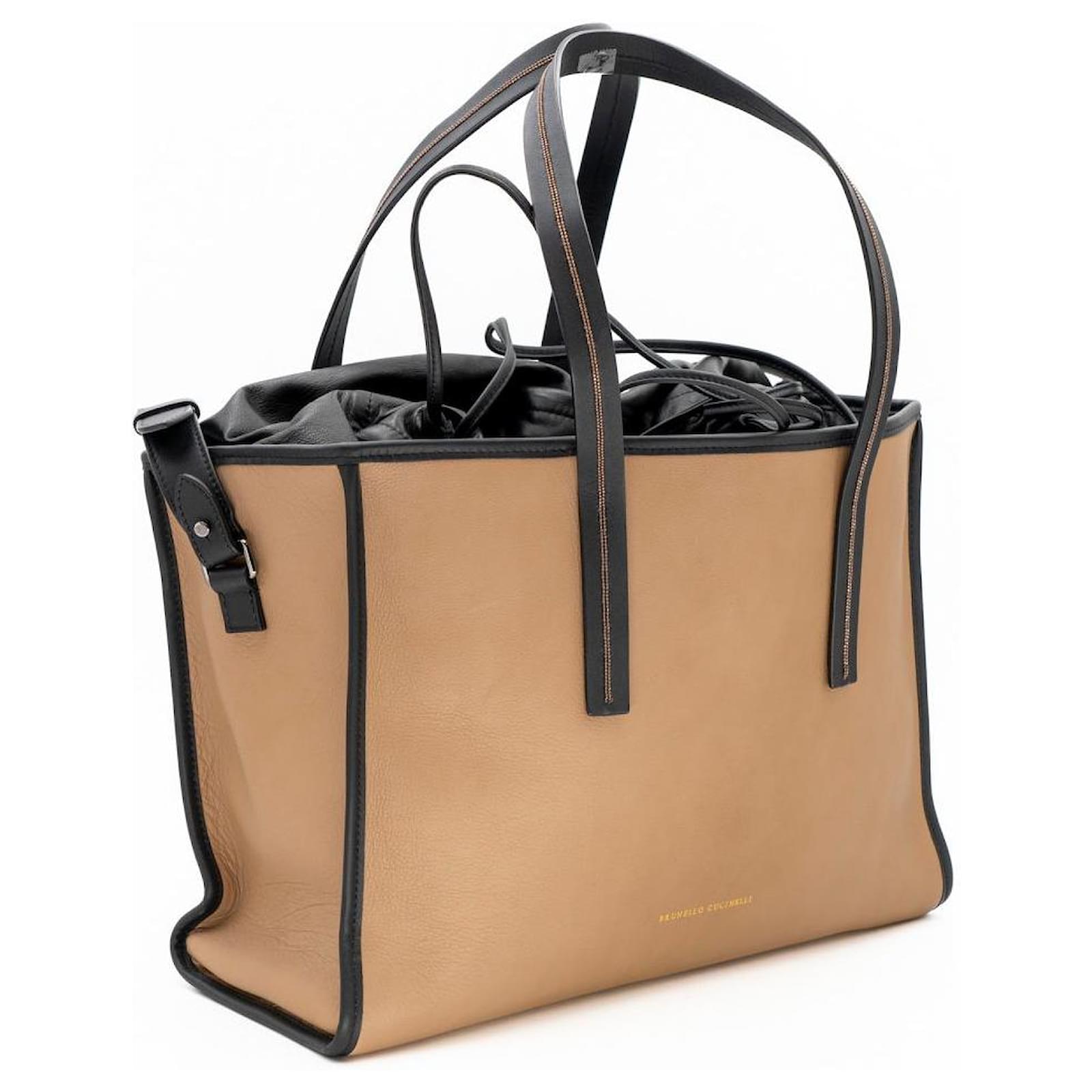 Leather Trimmed Tote Bag in Beige - Brunello Cucinelli