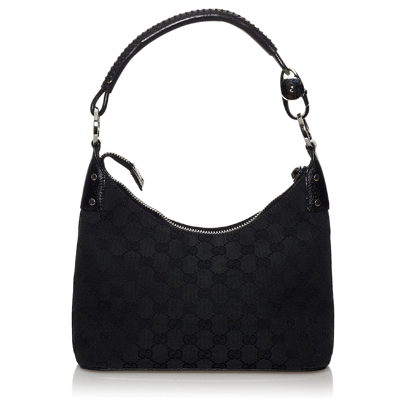 Gucci Black GG Canvas Shoulder Bag Leather Cloth Ponystyle calfskin