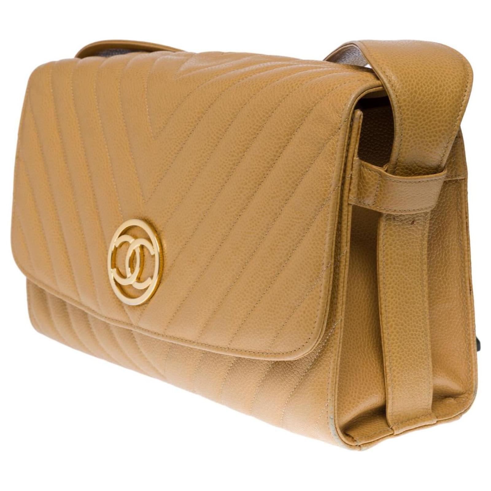 Beautiful Chanel Flap bag herringbone handbag in golden beige