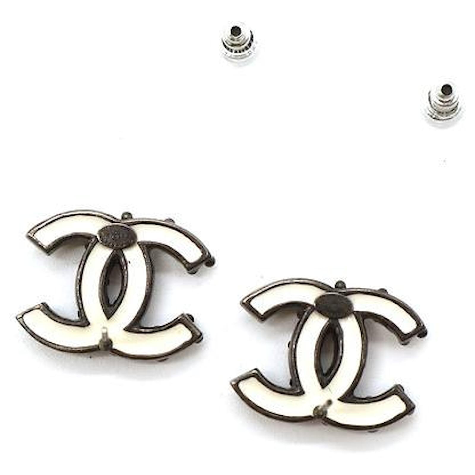 Chanel Dark Silver White CC Enamel Stud Earrings