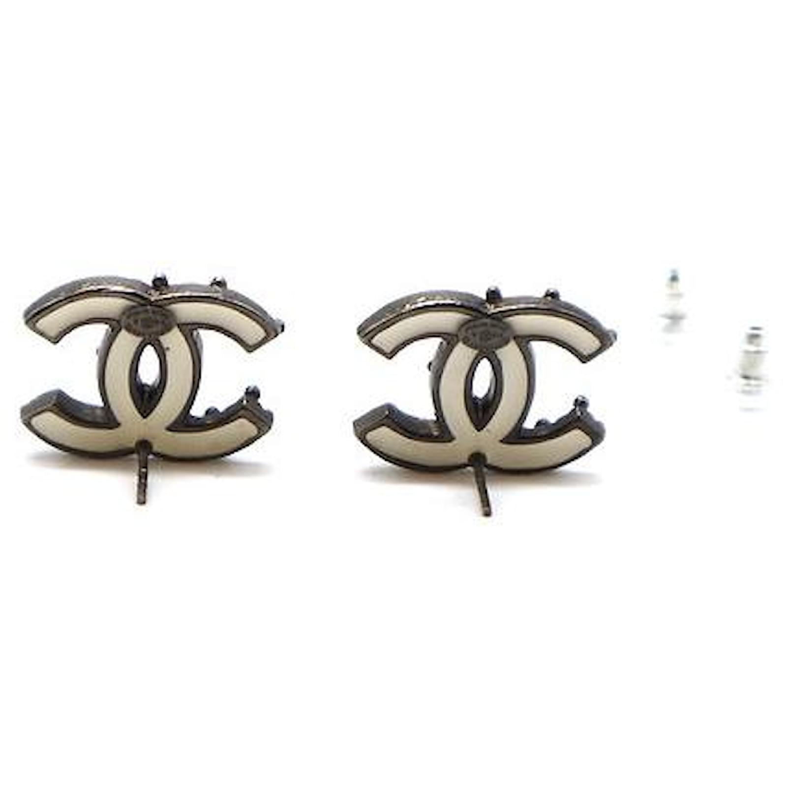Chanel Dark Silver White CC Enamel Stud Earrings