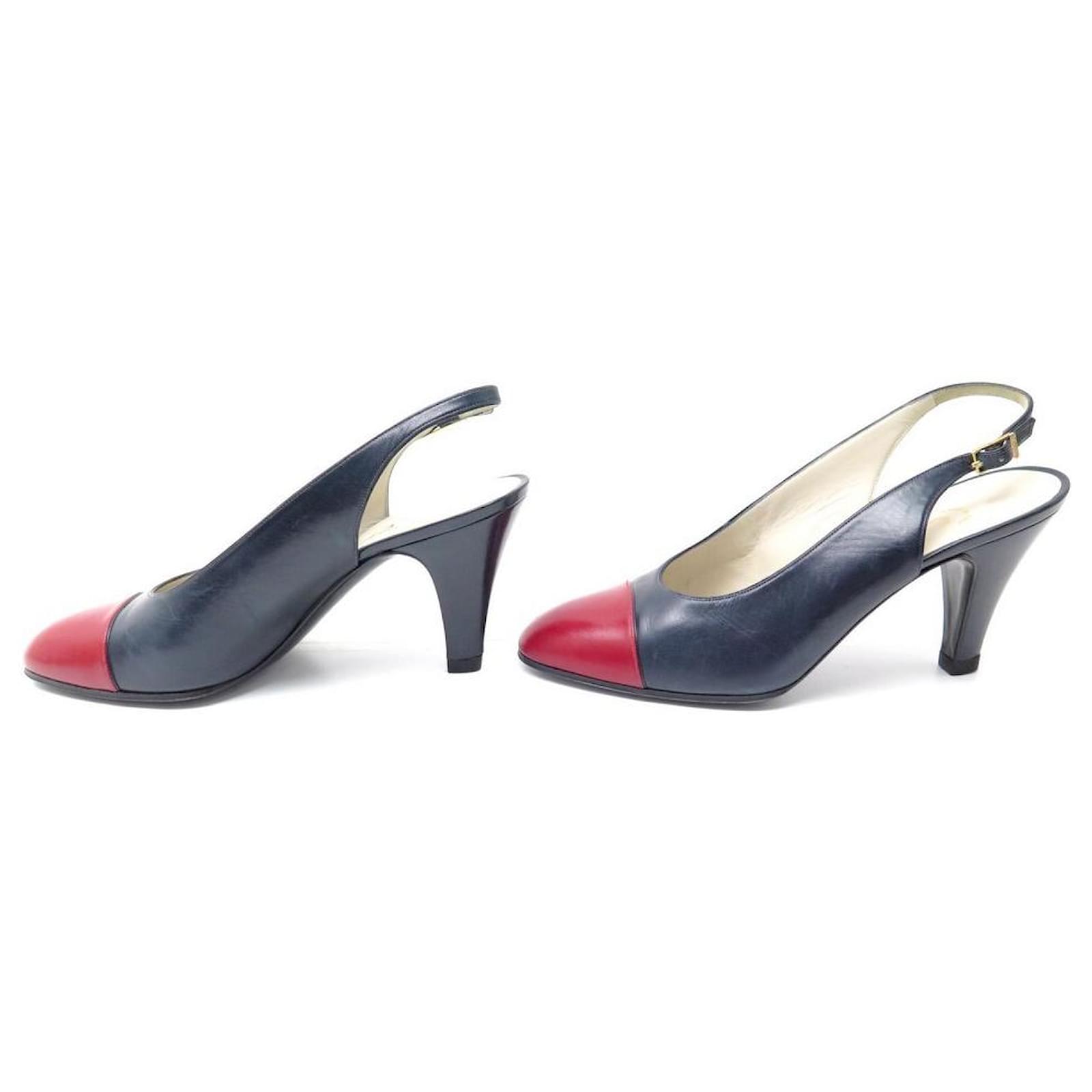 VINTAGE CHANEL SHOES PUMPS 39 6 TWO-TONE BLUE AND RED LEATHER SHOES