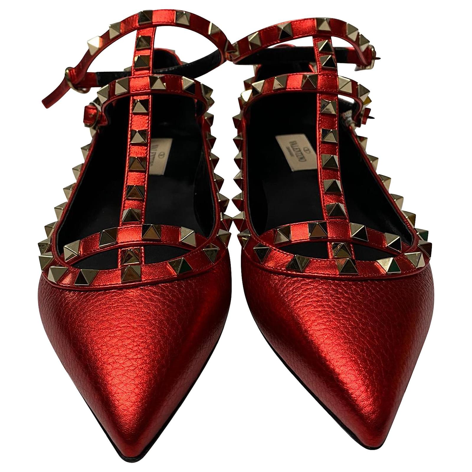 Valentino Garavani Rockstud Rolling Red Leather Ankle Strap Pumps