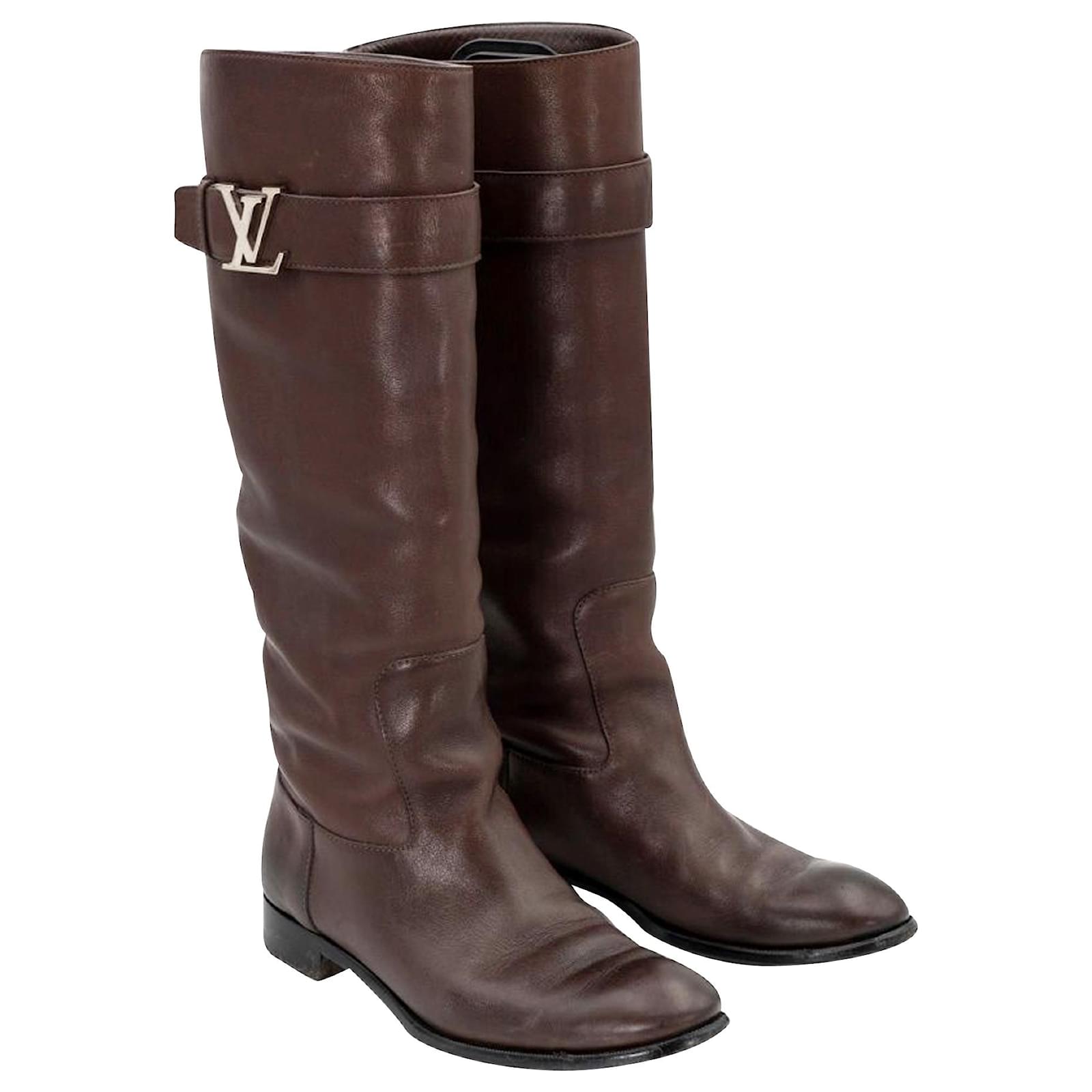 Louis Vuitton riding boots in brown leather with LV silver buckle ref ...