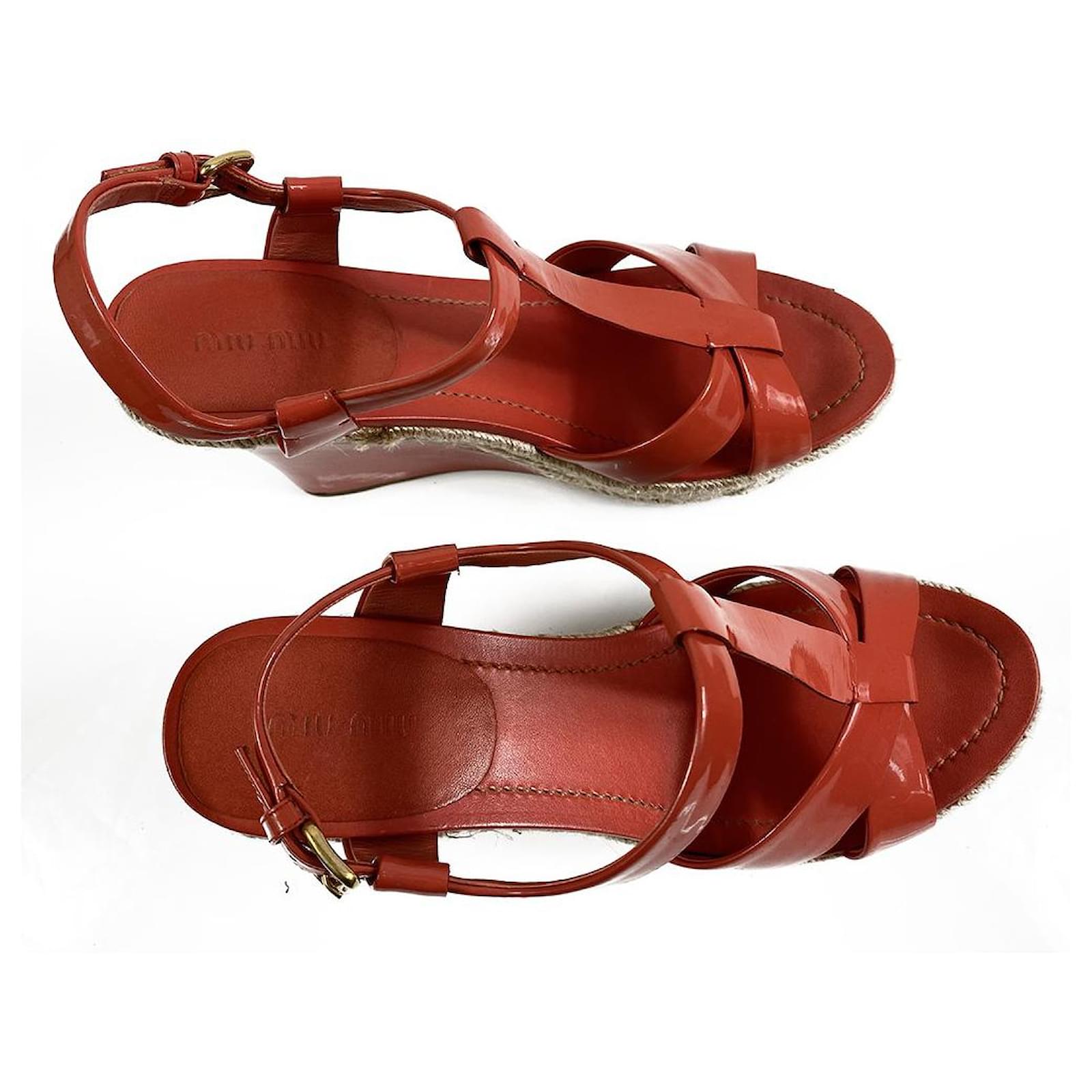 Miu Miu Coral Red Patent Leather Straps Jute Wedge Heel Platform 