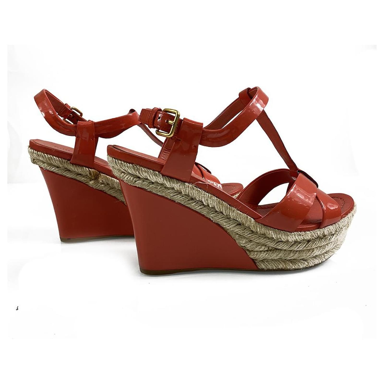 Miu Miu Coral Red Patent Leather Straps Jute Wedge Heel Platform 