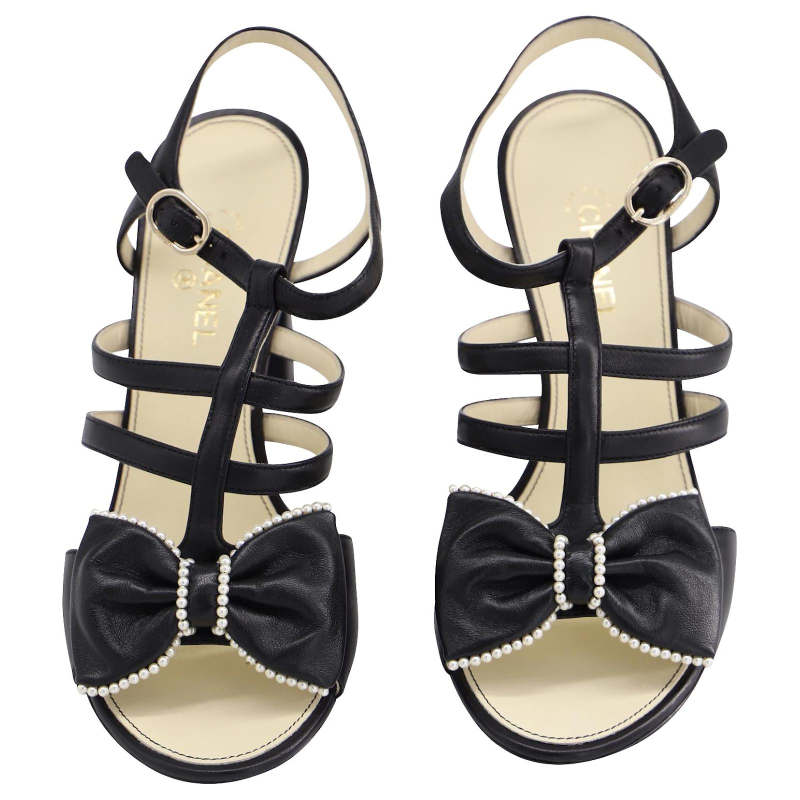 Chanel Satin Pearl Bow Slingback Sandals Black Leather ref.527089