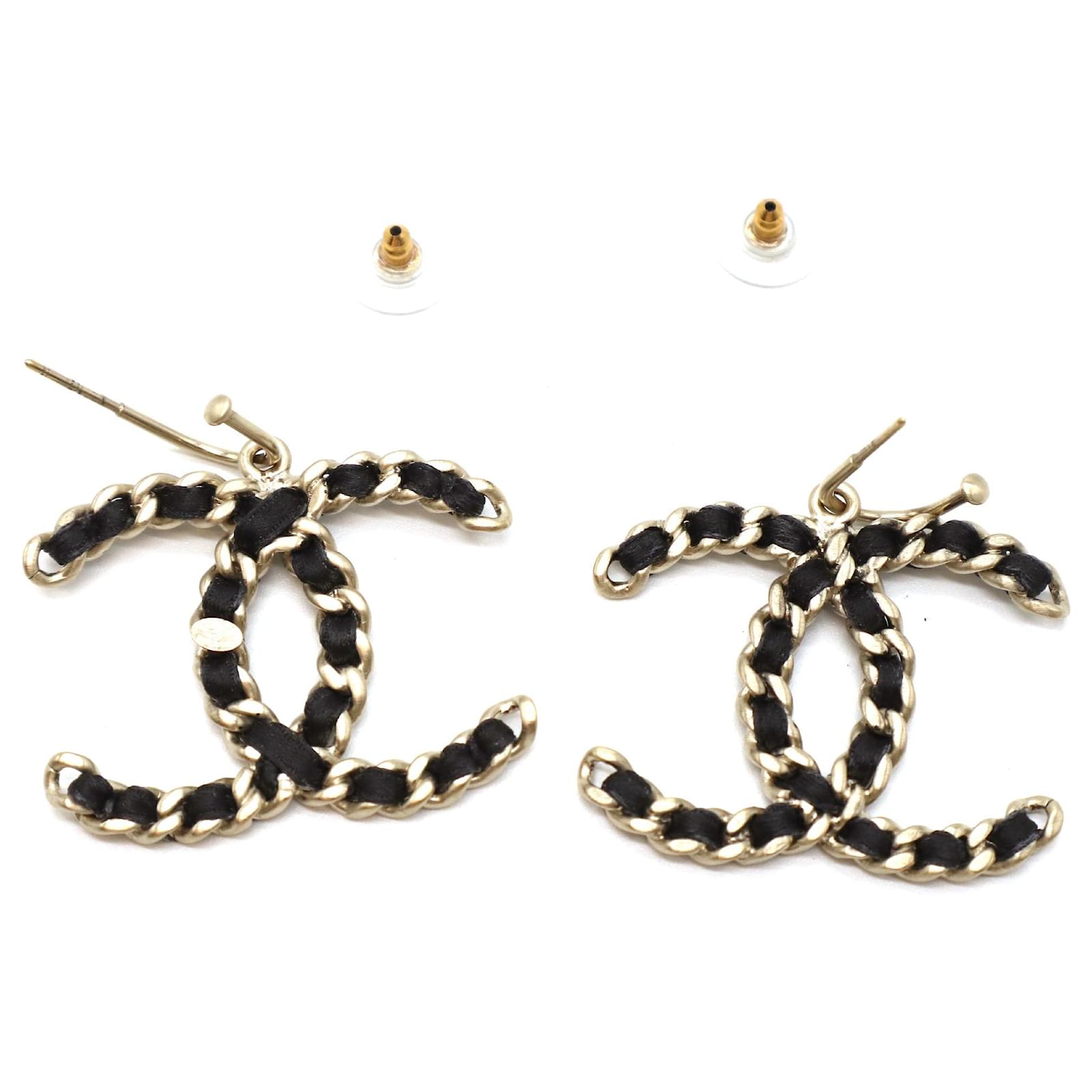 Chanel CC Gold Black Leather Through Chain Dangle Earrings