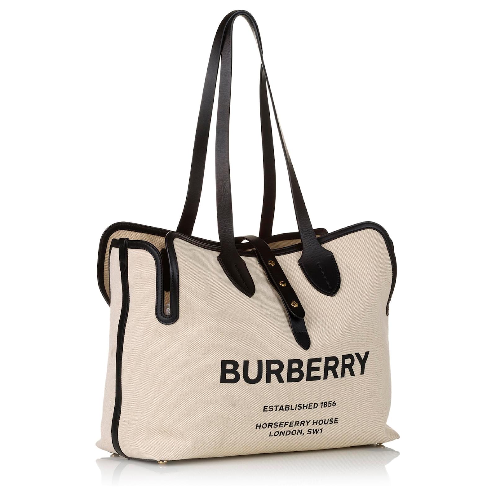 Burberry White Canvas Tote Bag Black Leather Cloth Pony-style calfskin  Cloth ref.528323 - Joli Closet