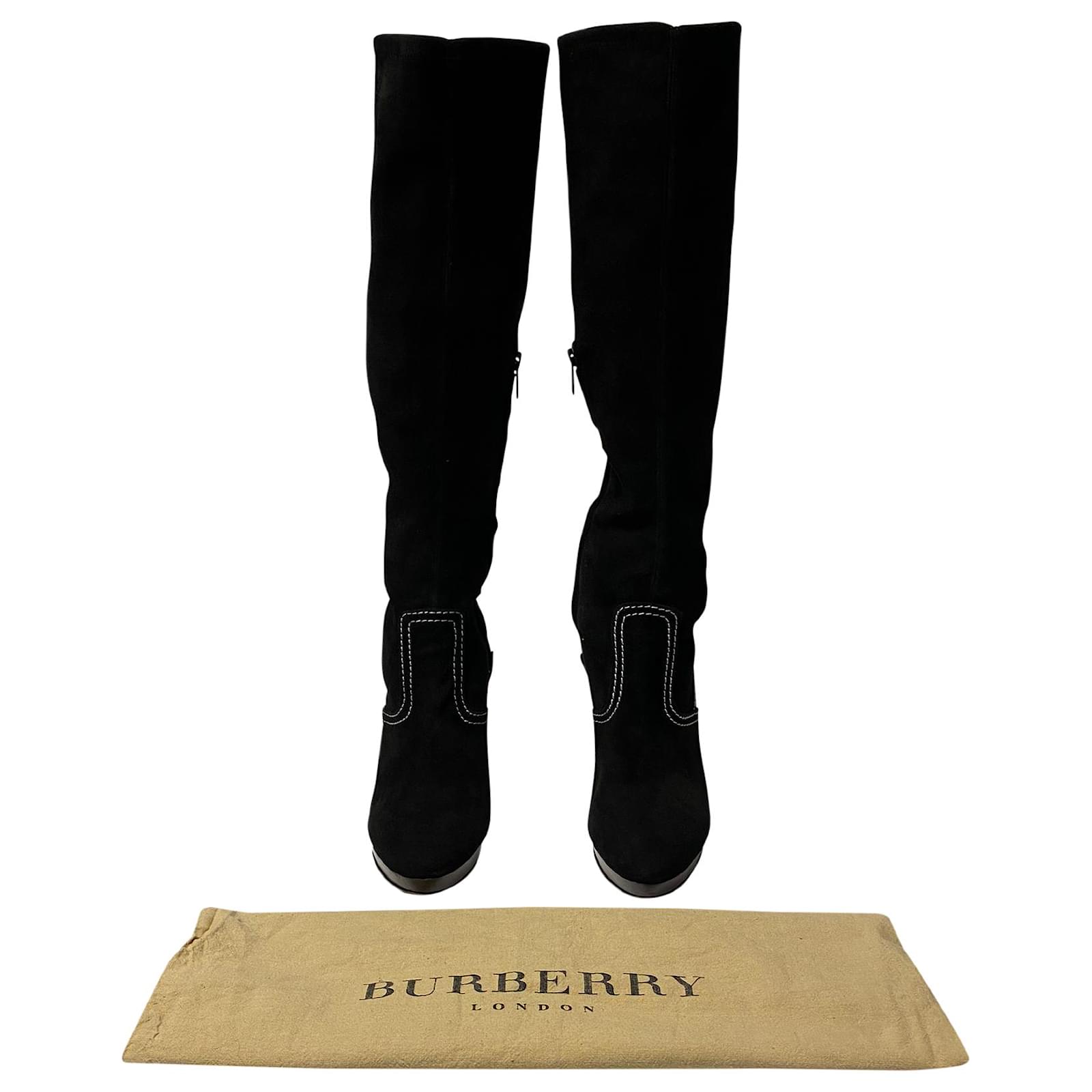 Burberry Knee High Boots with Wooden Heels in Black Suede ref