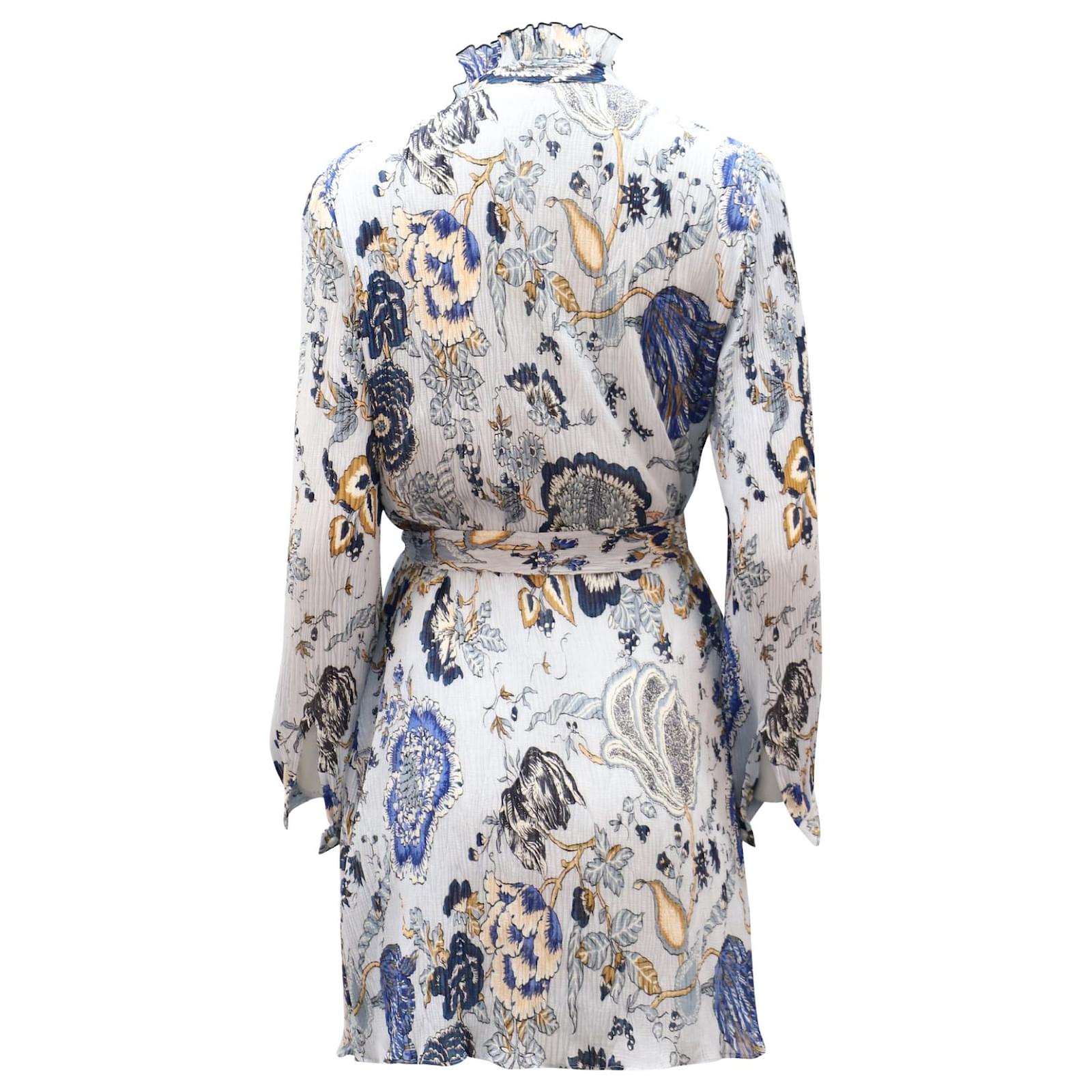 Tory Burch 'Deneuve' Ruffled-Trimmed Flora & Fauna Dress in Blue Polyester   - Joli Closet