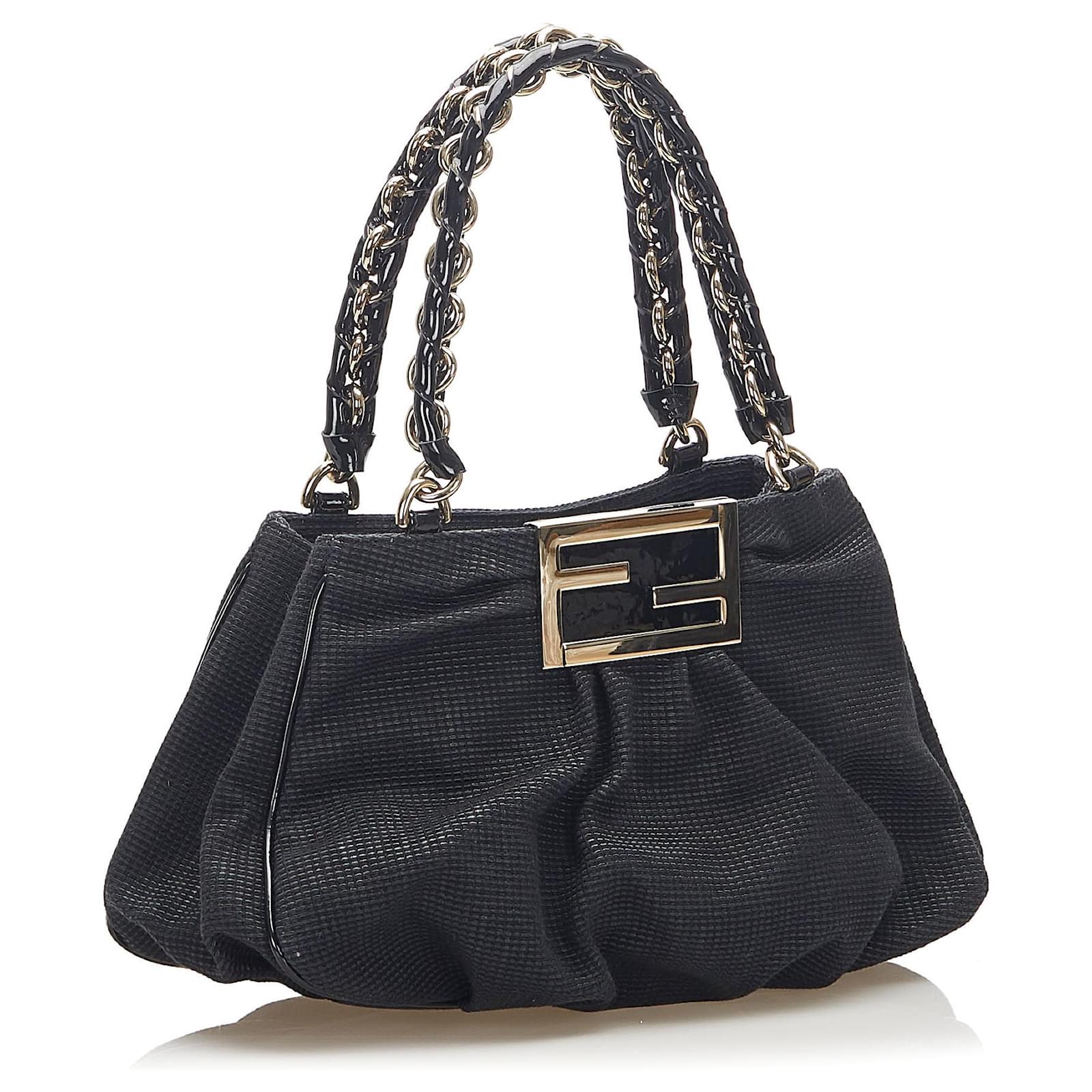 Fendi Black Mia Canvas Shoulder Bag Leather Cloth Pony-style calfskin ...