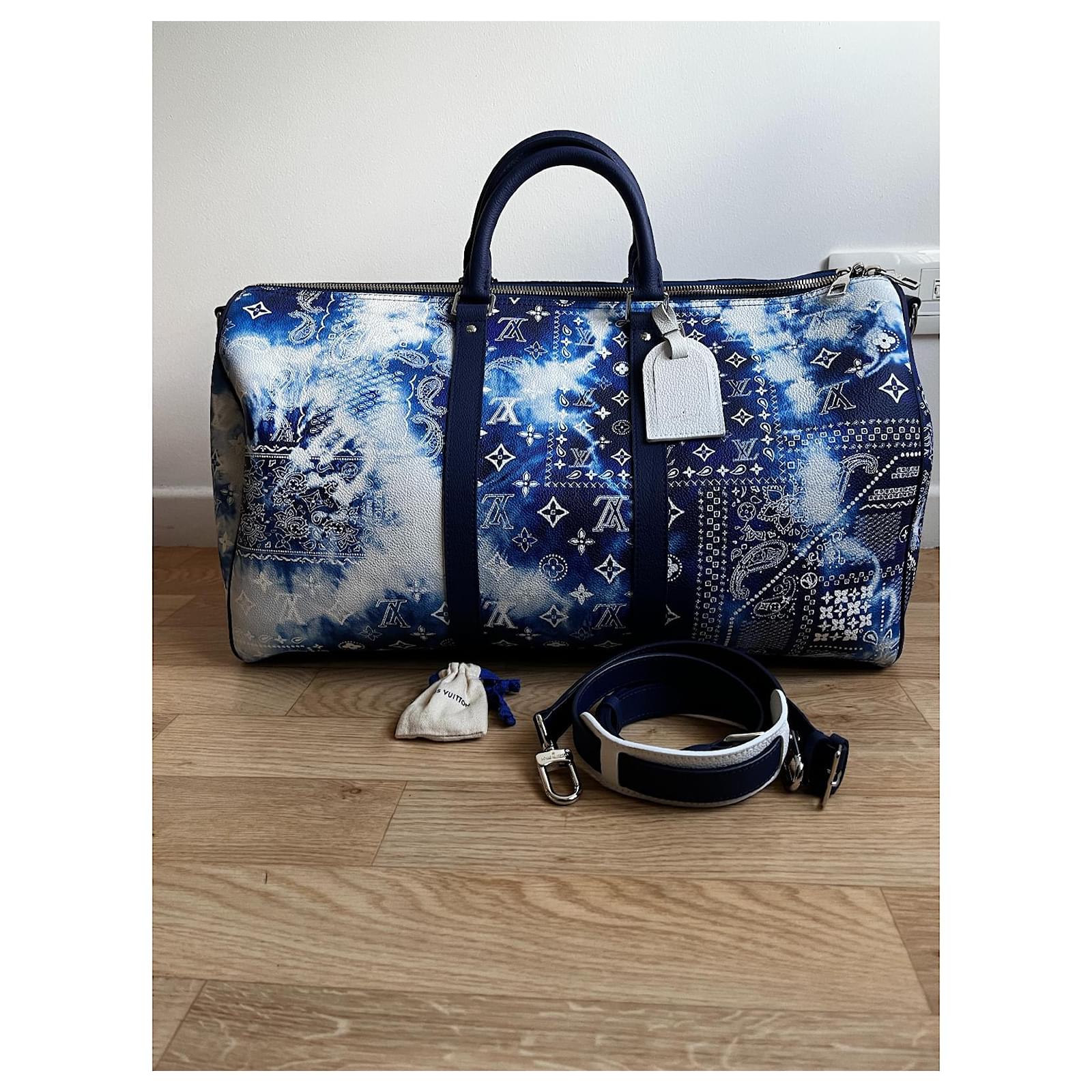 Louis Vuitton keepall 50 Bandana White Blue Leather ref.542161 - Joli Closet