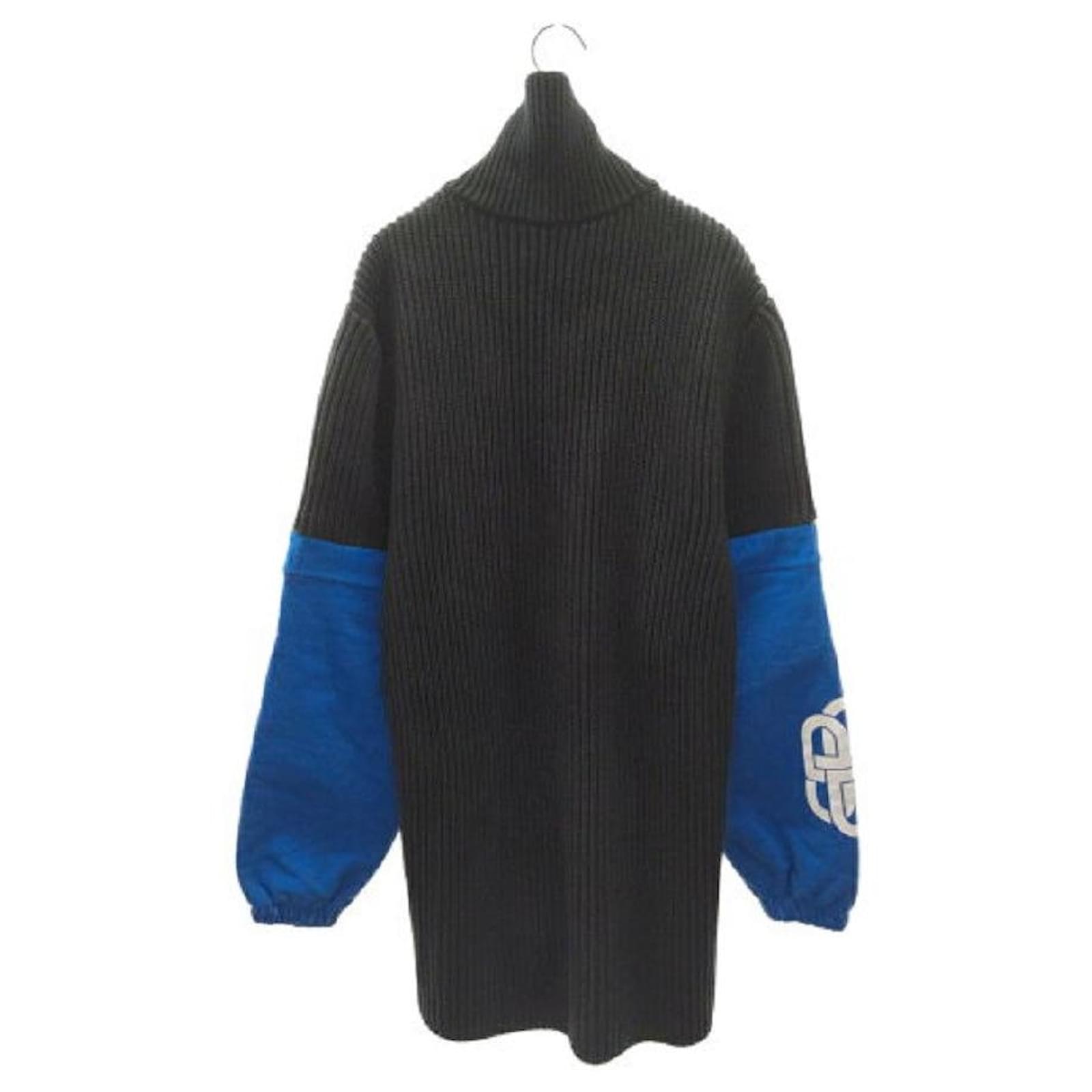 BALENCIAGA Rib Knit / Sweat Docking Zip-up Cardigan Black x Blue