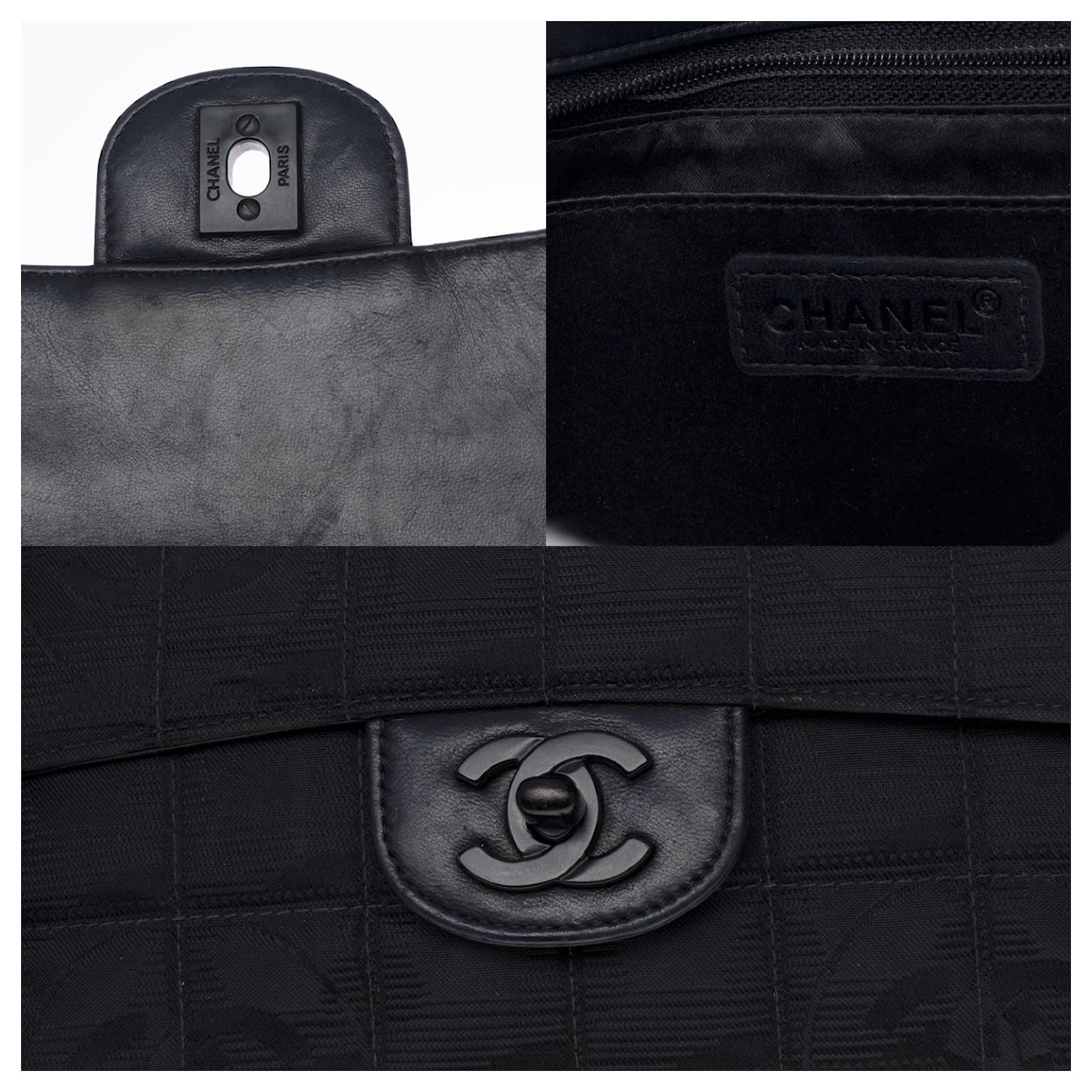 Wunderschöne Chanel Timeless/Classique Travel Line Flap Bag Medium  Handtasche aus schwarzem gewebtem Nylon, schwarze Metallverkleidung  ref.545884 - Joli Closet