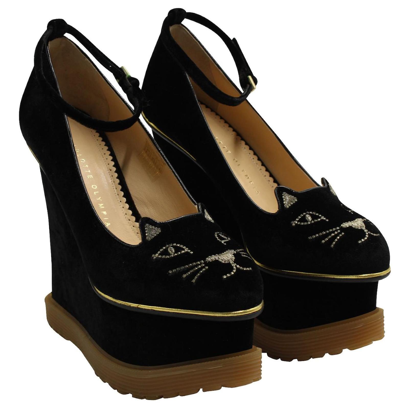 Charlotte Olympia Black Velvet Kitty Wedges ref.547170 Joli Closet