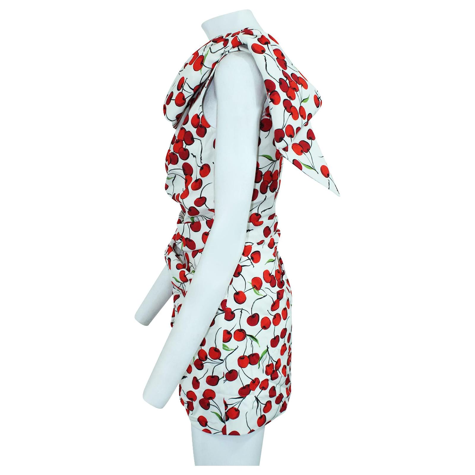 ワンピース Saint Laurent DRESS (798731YCOJ2) Saint Laurent Cherry Print One Shoulder Mini Dress with Bow