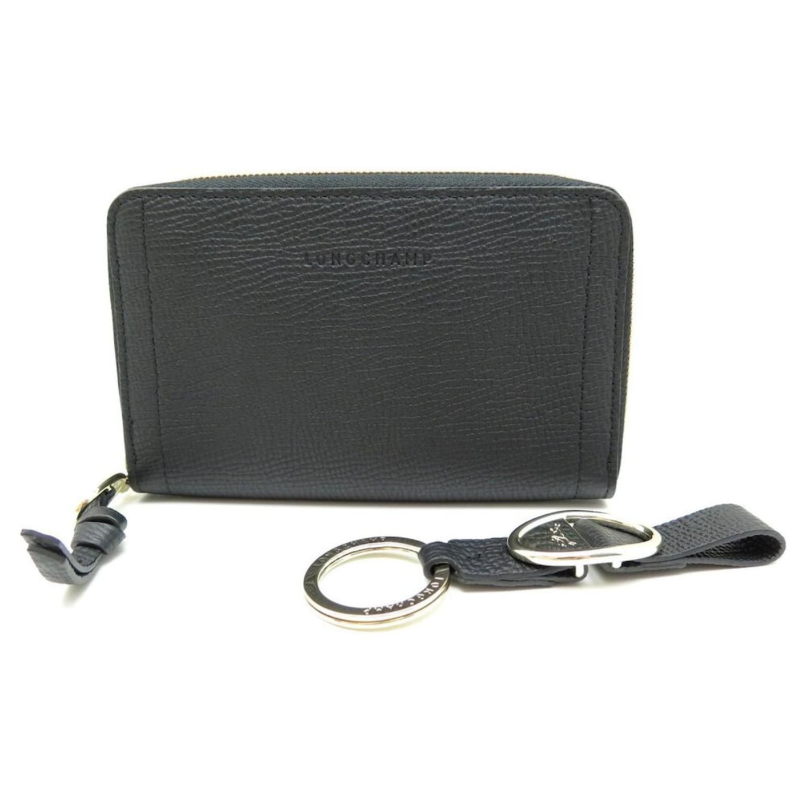 NEW LOT LONGCHAMP MAILBOX COMPACT WALLET + KEY HOLDER IN BLACK LEATHER