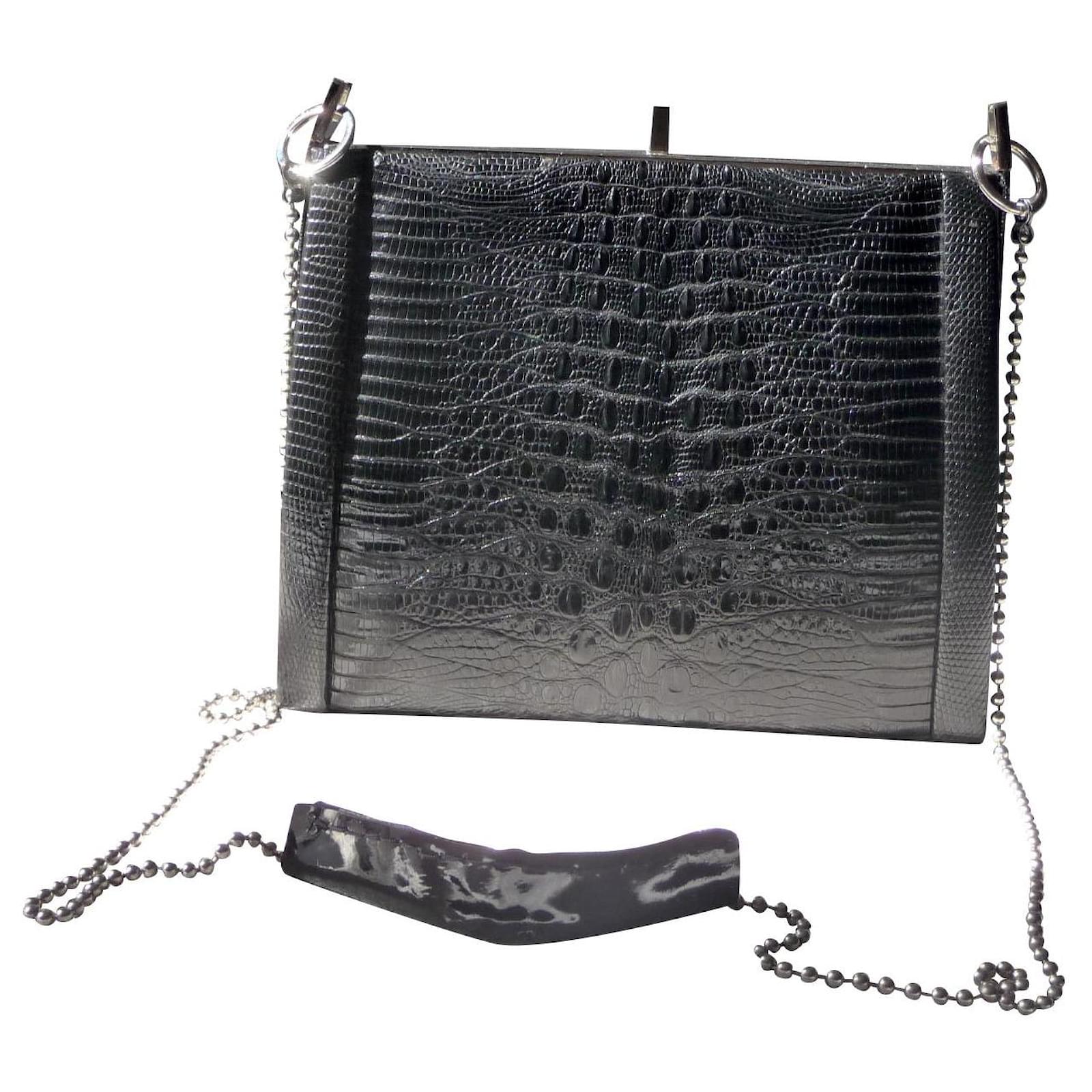 Vintage Croco 50s SAC NOIR - en v?�ritable cuir croco - jolie fermoir - Tr?�s original! TBE Cuirs 