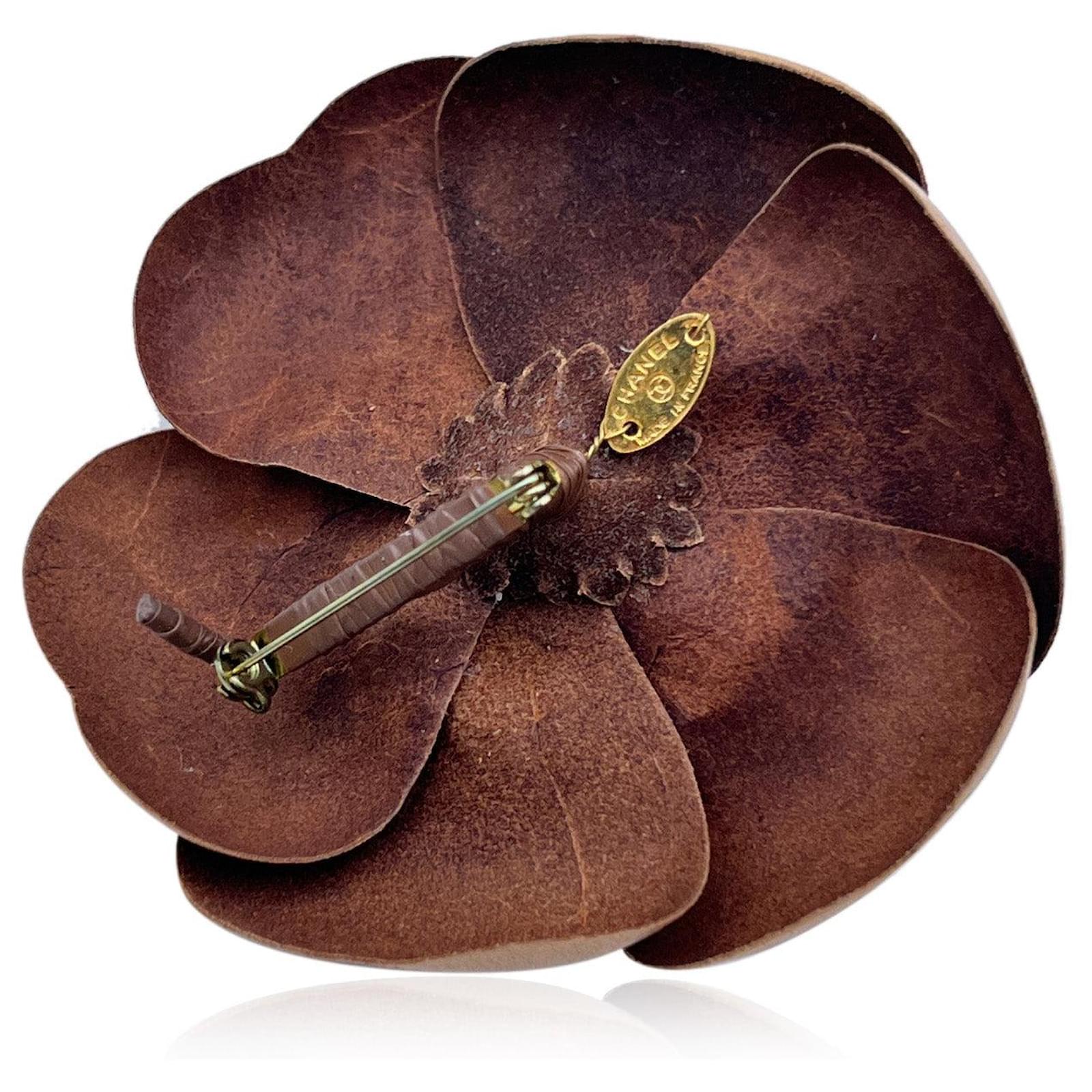 Chanel Vintage Gold Leather Camelia Camellia Flower Pin Brooch