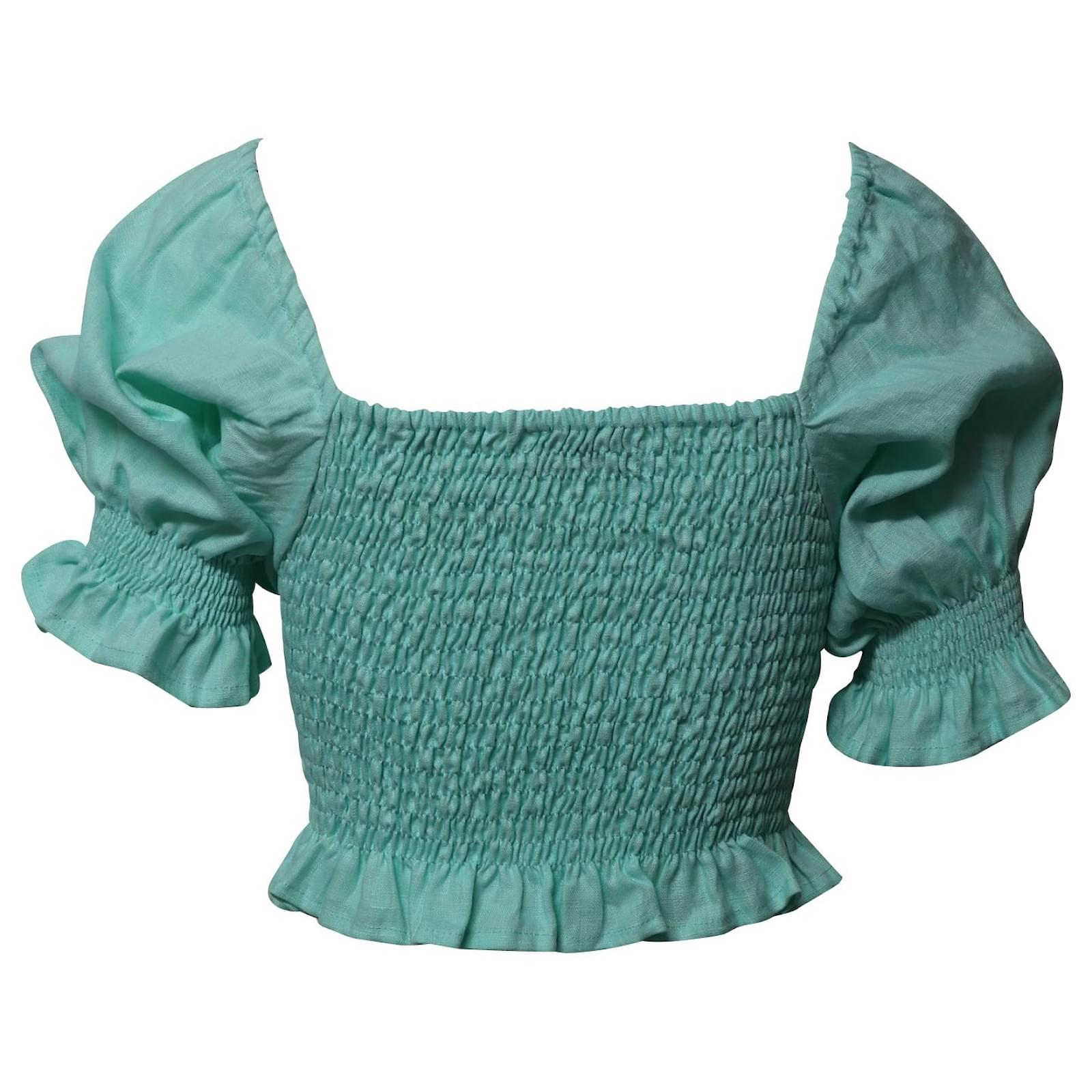 Faithfull The Brand Marie Smocked Linen Top in Green