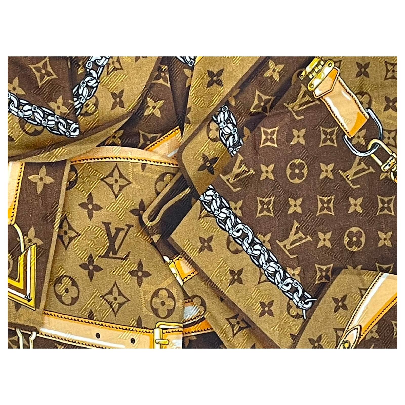 Louis Vuitton Monogram Brown Trunks Silk Square Scarf Louis