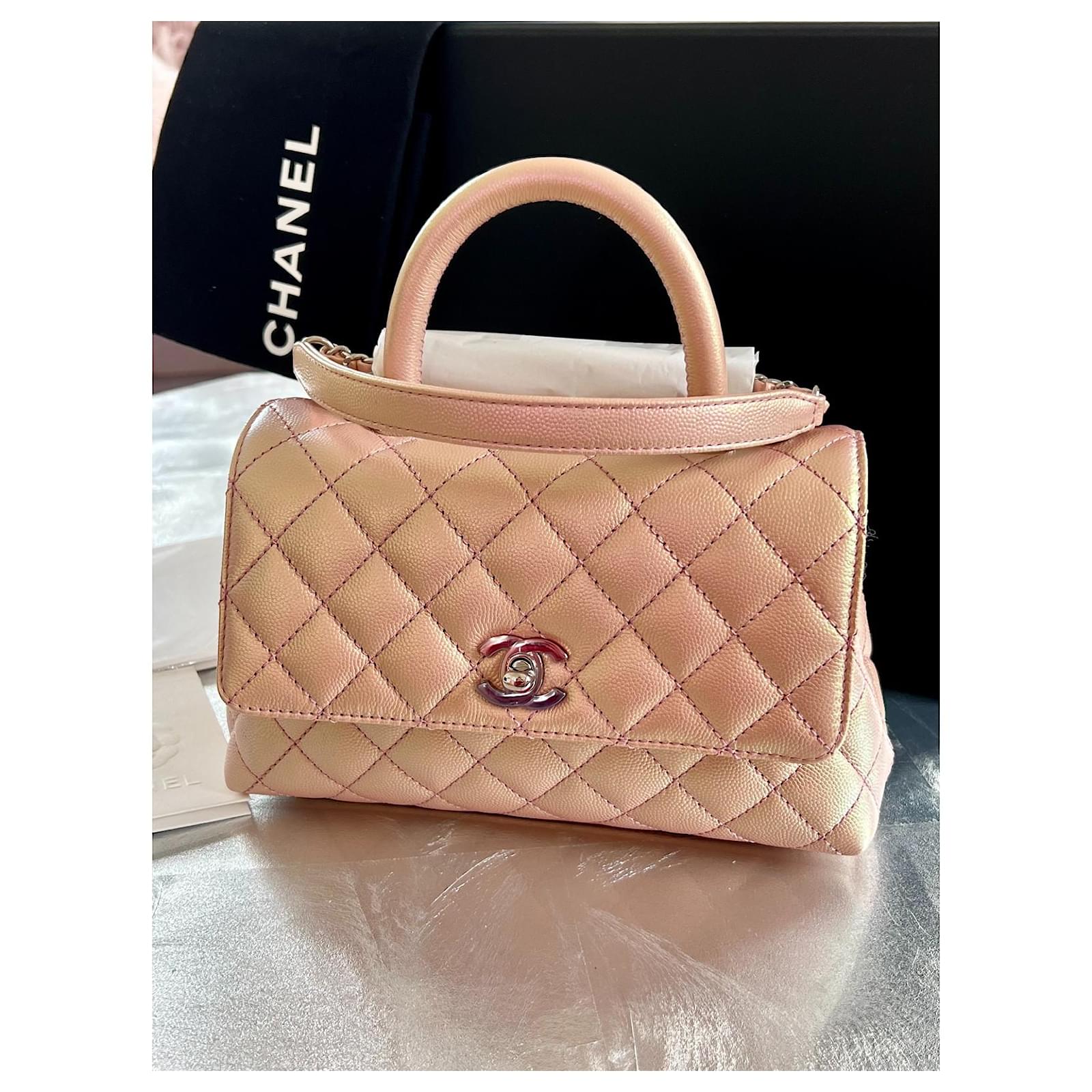 Chanel Coco Handle Iridescent Small Rainbow Hardware Caviar Pink Leather   - Joli Closet
