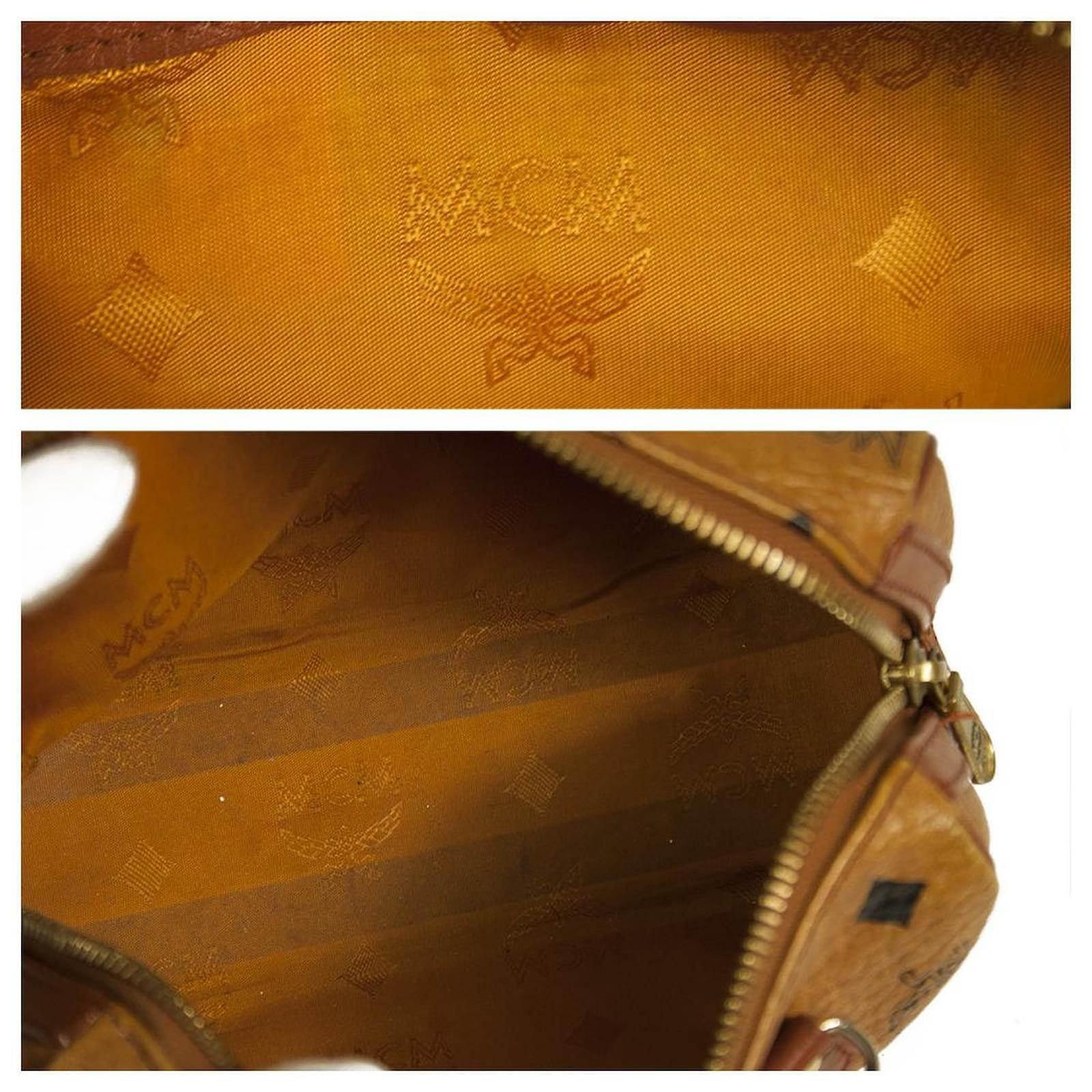 MCM Visetos Brown Monogram mini sac Boston Speedy Bag with crossbody strap  Caramel Leather ref.561317 - Joli Closet