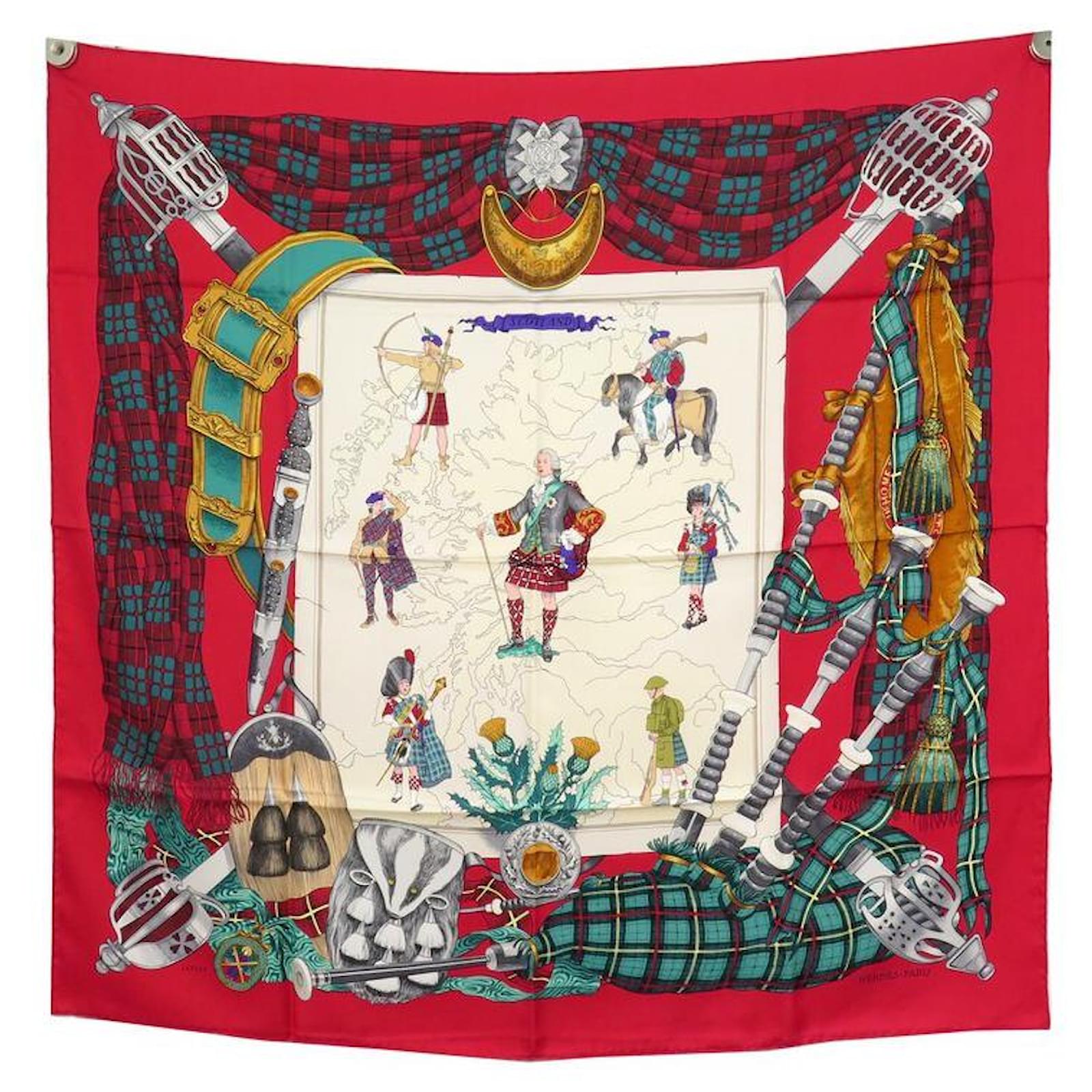 Hermès NEUF FOULARD HERMES SCOTLAND LEDOUX CARRE 90 EN SOIE ROUGE NEW