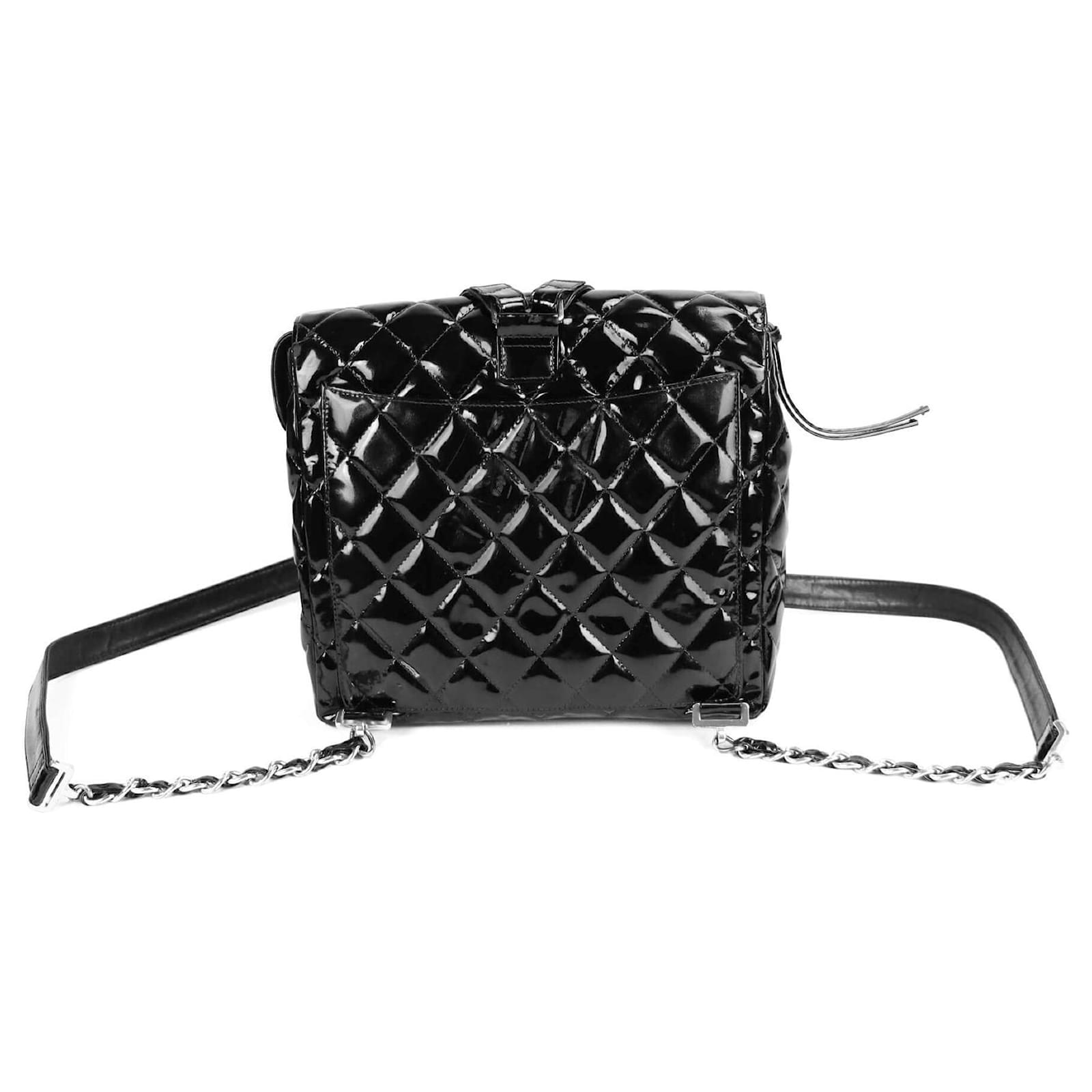 Chanel Flap Backpack Black Patent Leather Silver