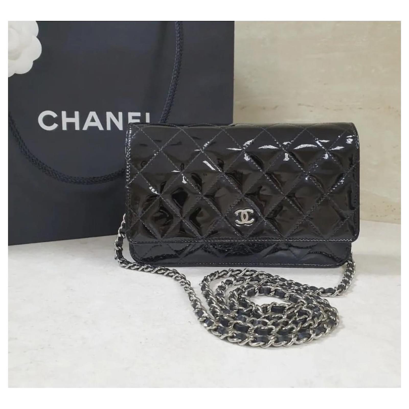 Chanel Patent Quilted Wallet On Chain WOC Black Patent leather ref
