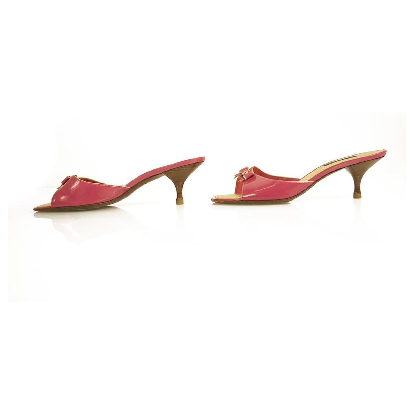 Louis Vuitton Pink Patent Leather Gold Trim Bow Mules Heels Pumps