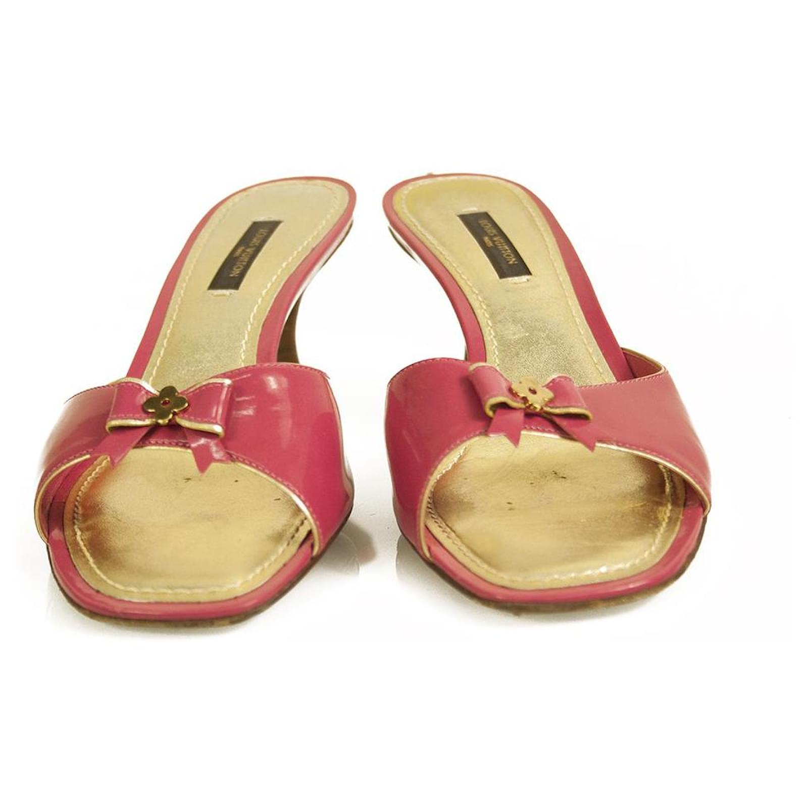 Louis Vuitton Pink Patent Leather Gold Trim Bow Mules Heels Pumps