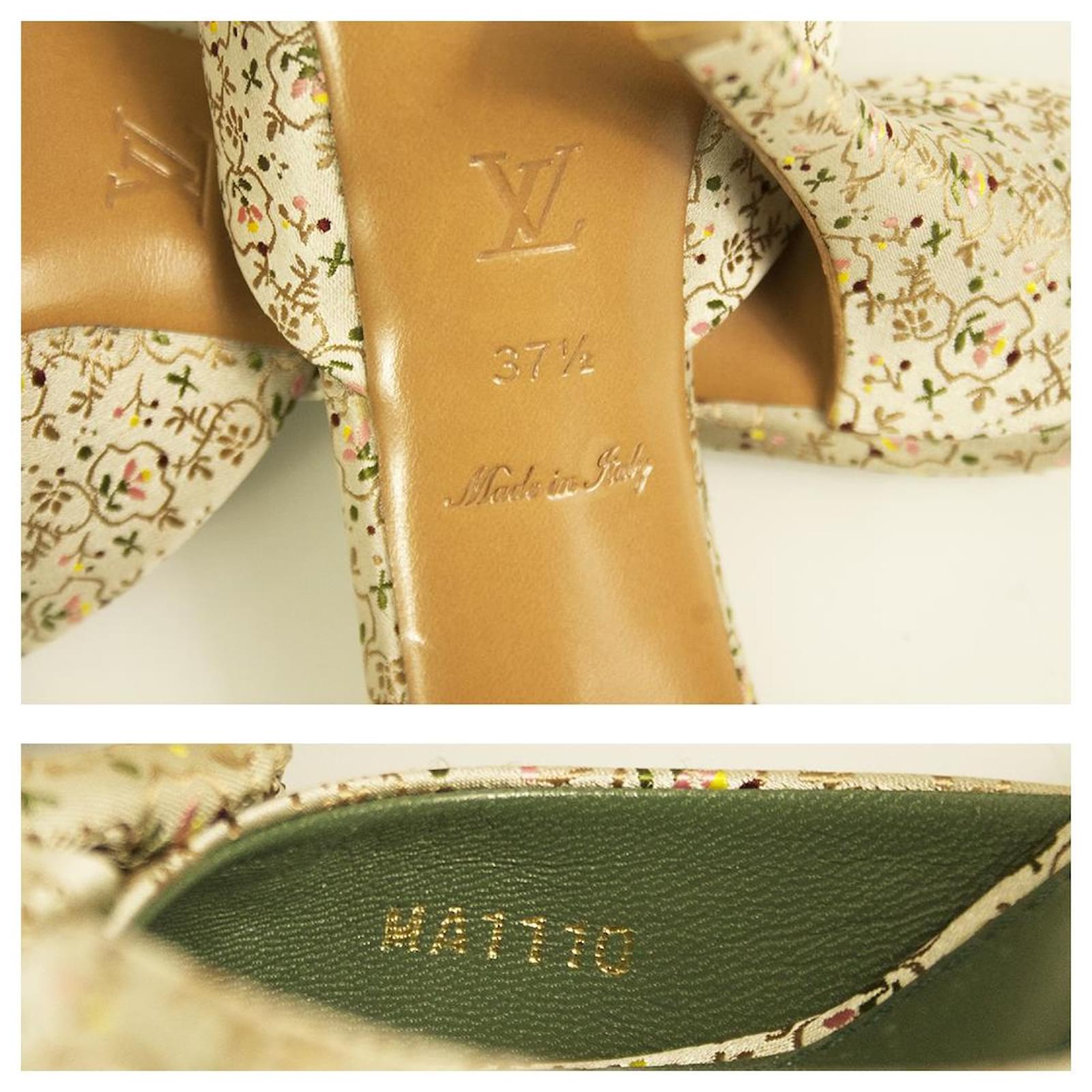 Louis Vuitton Satin Floral Gold Tone Logo Ring Knot Mules Heels