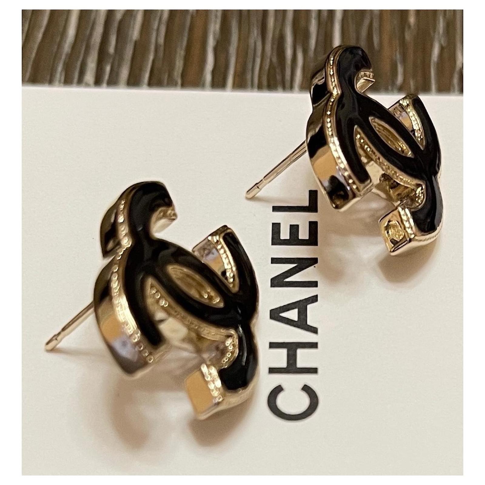 Black Enamel CC Logo Gold Tone Metal Earrings