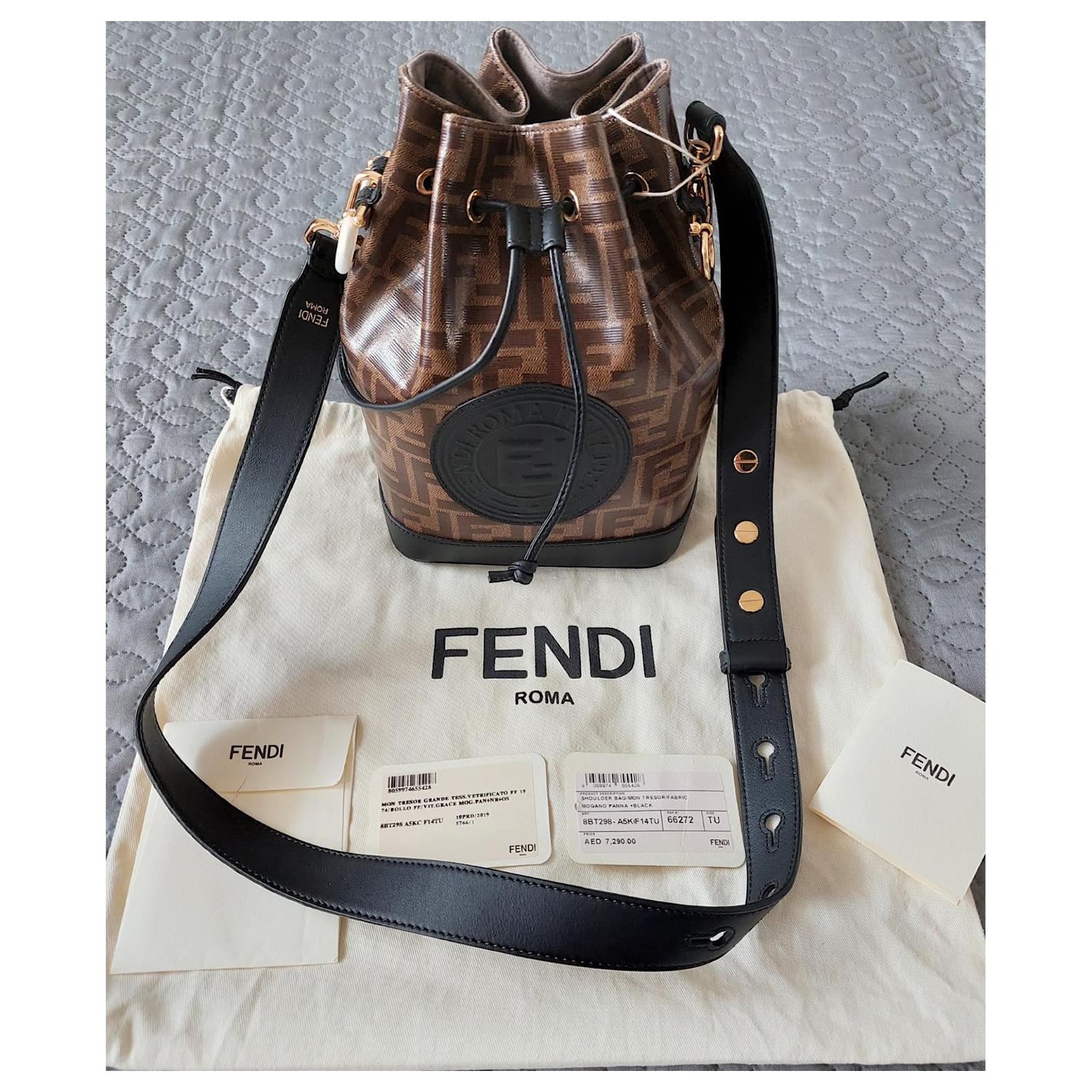 Fendi Mon Trésor bucket bag FF print Brown Black Leather Cloth ref