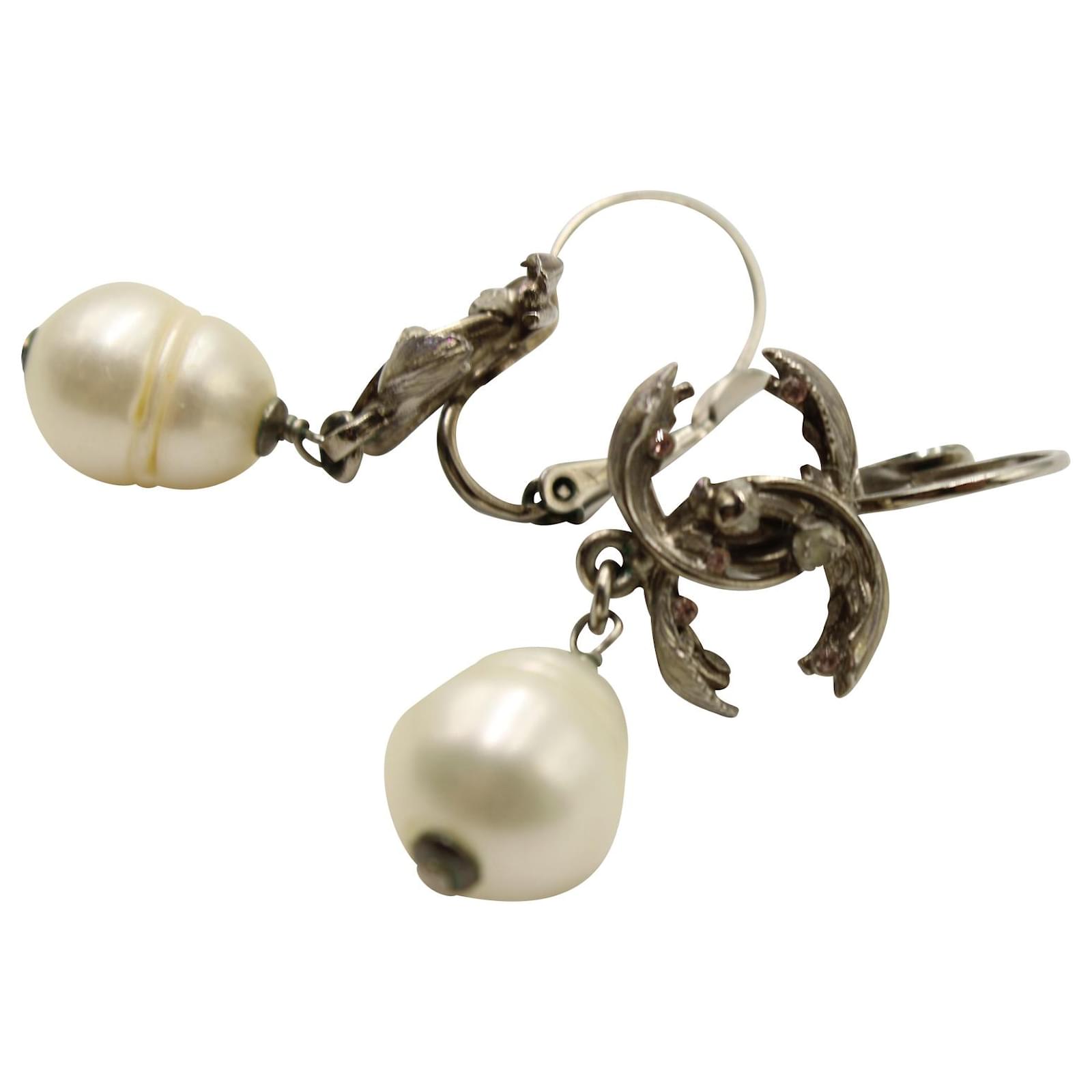 Chanel CC Faux Pearl Dangling Earrings in Silver Metal