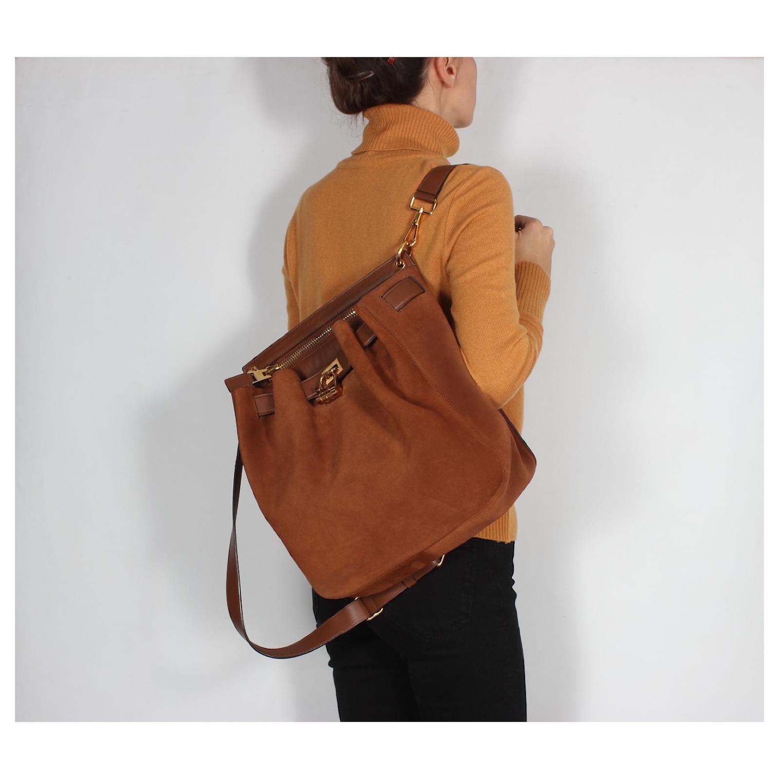 Tom Ford Lock-Front Sling Bag, Backpack. Brown Suede  - Joli  Closet