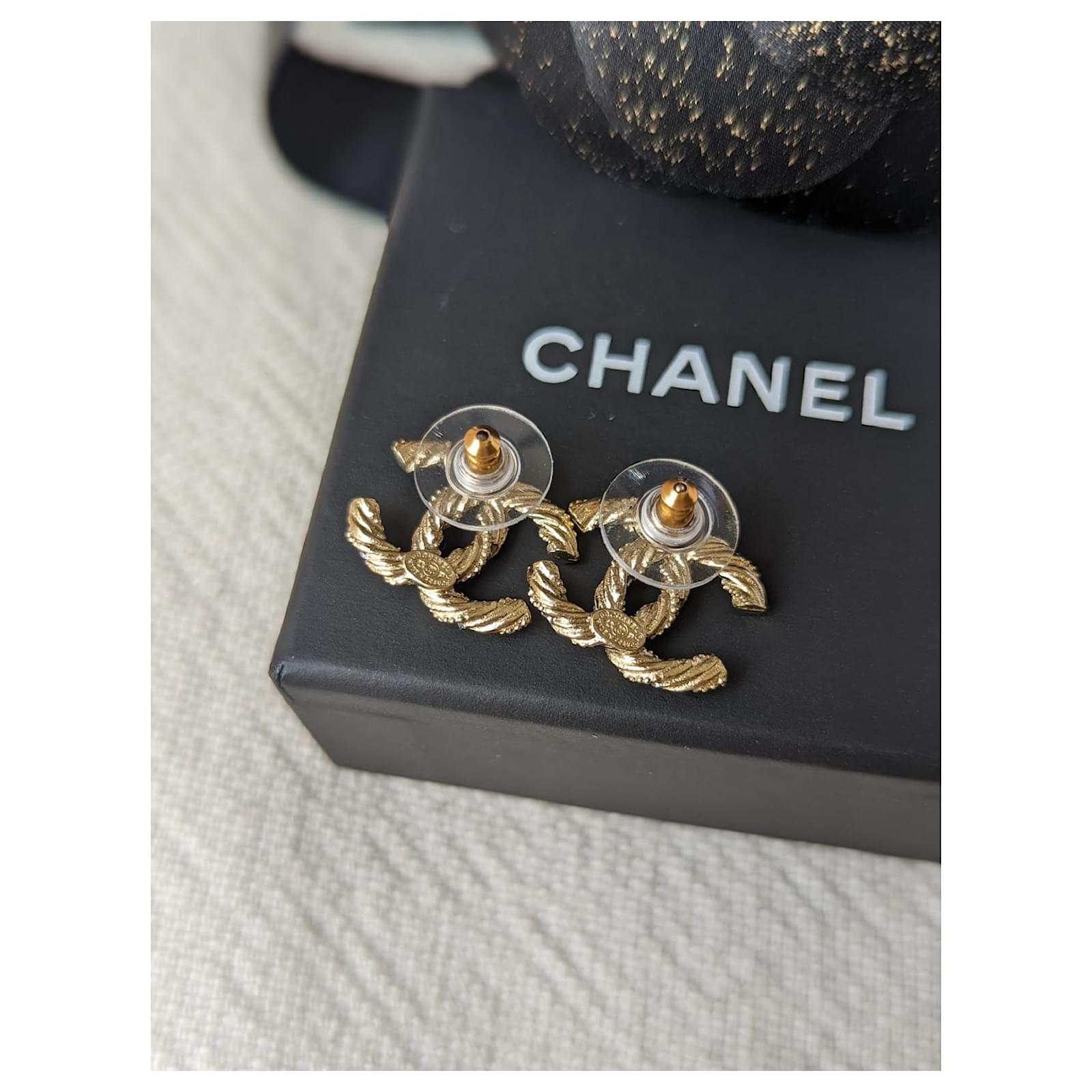 Chanel Gold Chain and Leather Entwined CC Hoop Earrings - Yoogi's