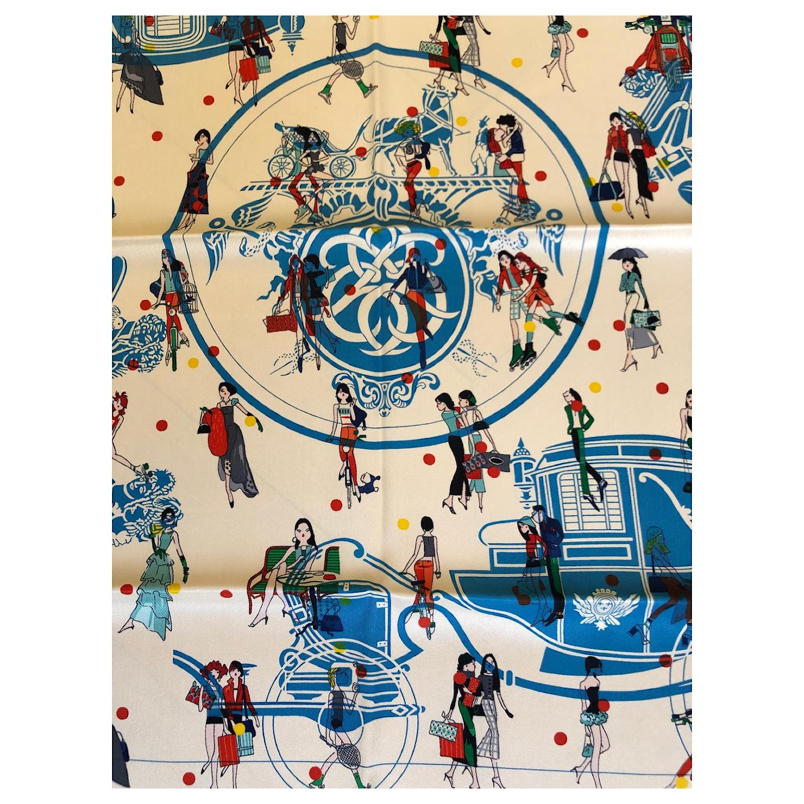 HERMES セーブル店限定 コレクター Carre 70 Les Parisiennes Hermès Carré 70 EX-LIBRIS LES PARISIENNES Cream Turquoise