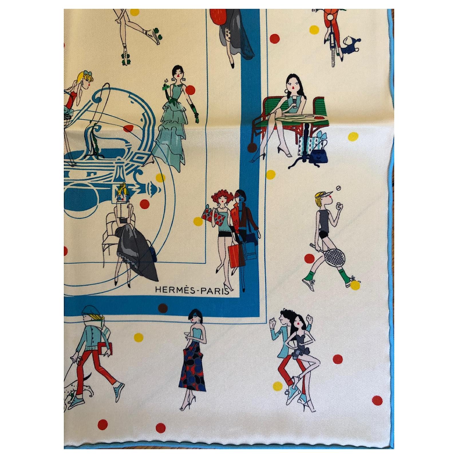 HERMES セーブル店限定 コレクター Carre 70 Les Parisiennes Hermès Carré 70 EX-LIBRIS LES PARISIENNES Cream Turquoise