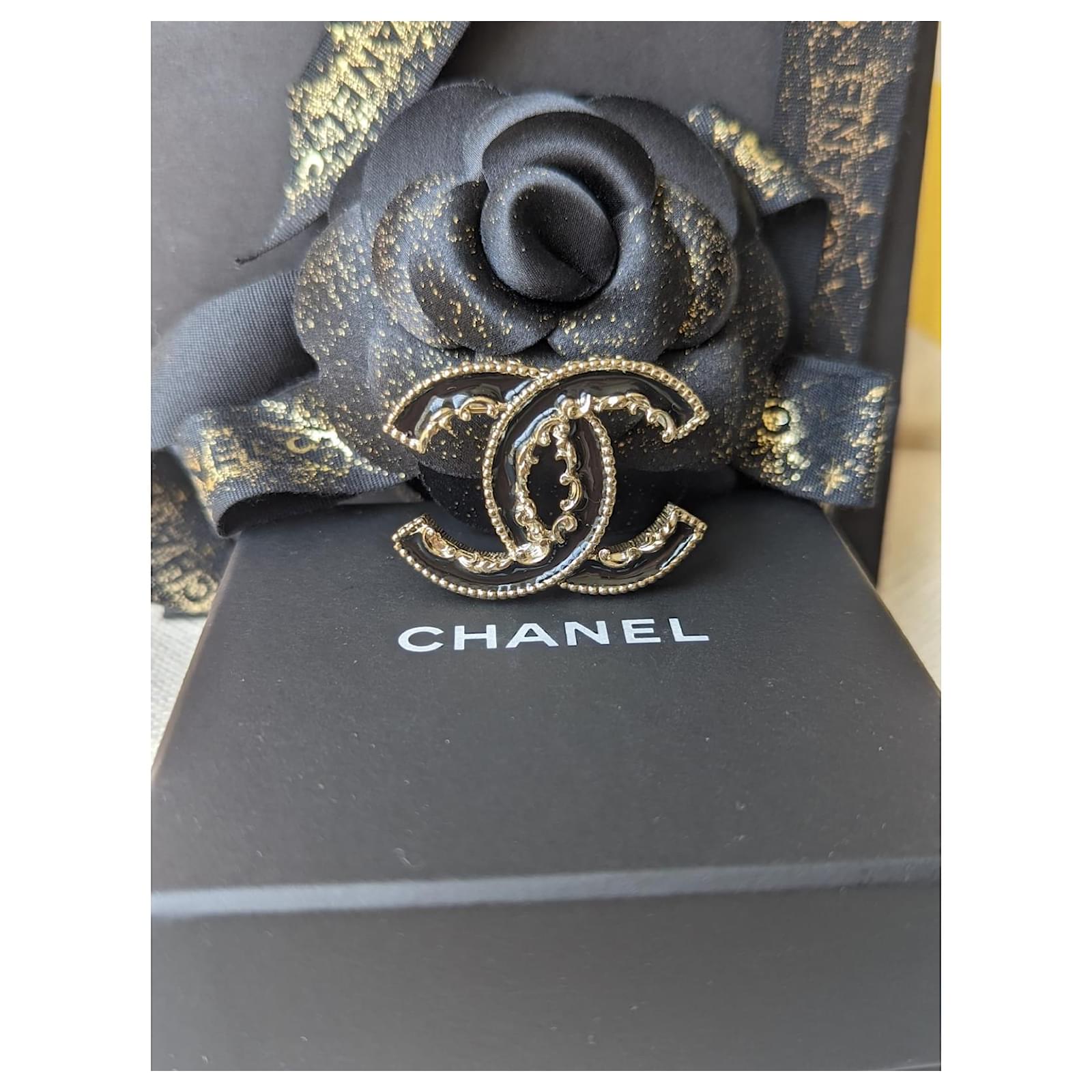 Chanel Brooch Here Mark Gold X Black Metal Material Color Stone Women's