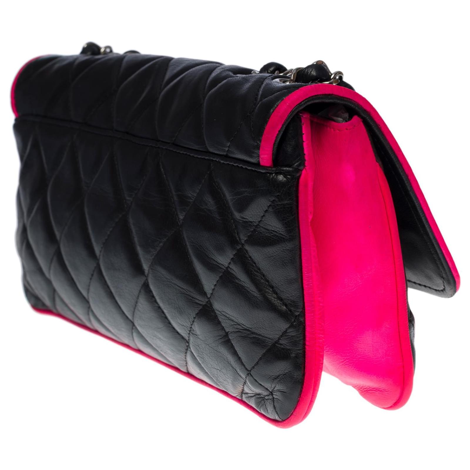 Chanel Black and Neon Pink Two Tone Quilted Flap Bag Chanel