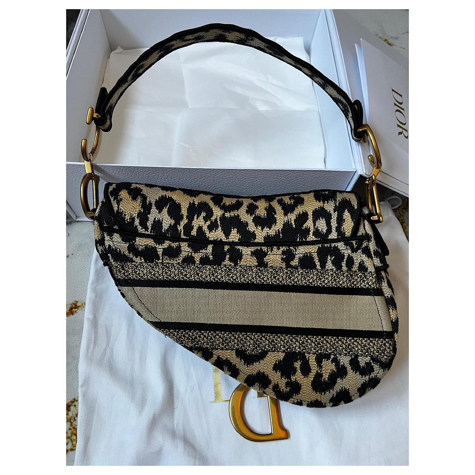 DIOR SADDLE LEOPARD MIZZA BESTICKTE HANDTASCHE Schwarz Hellbraun Leinwand ref.573102 Joli Closet