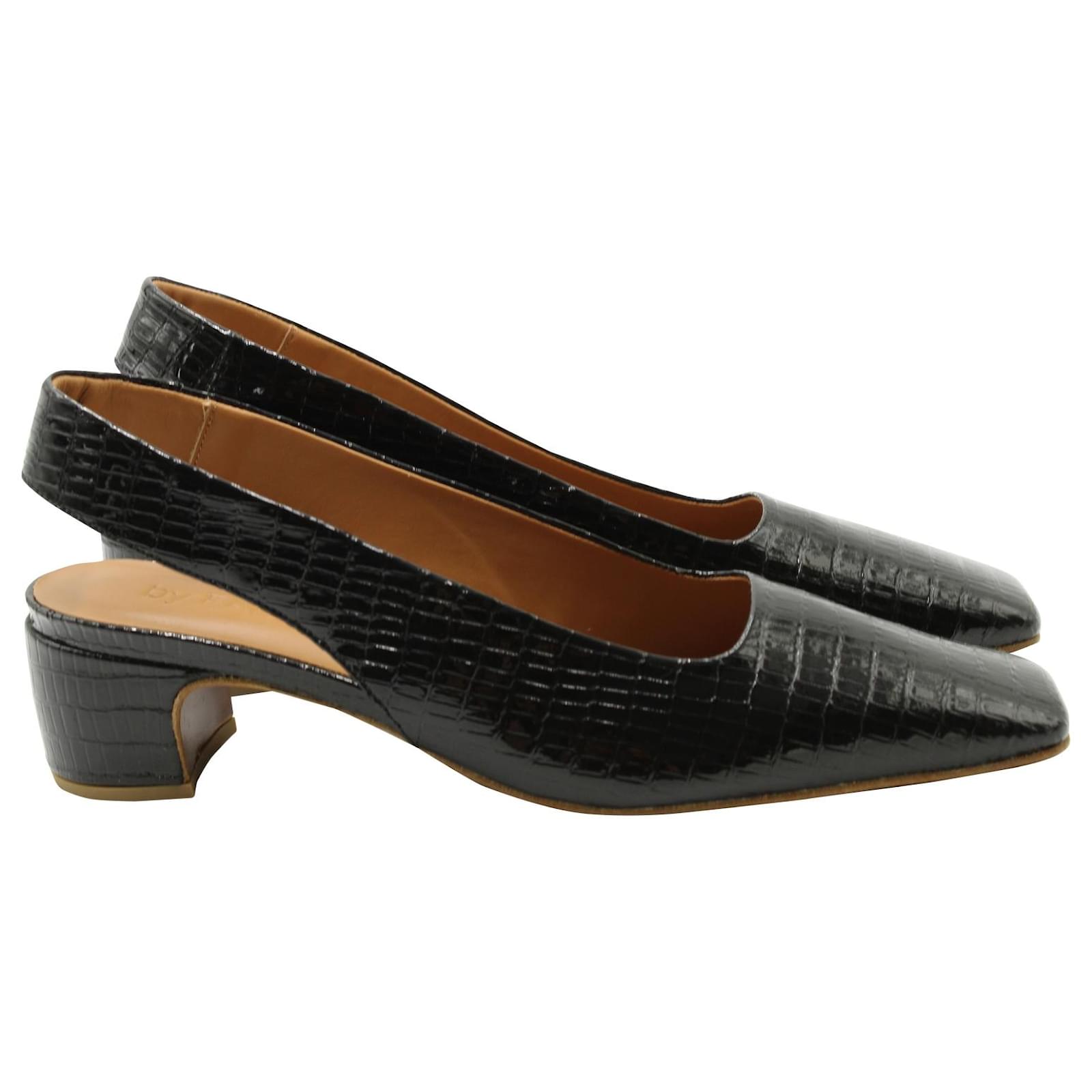 By Far x Reformation Danielle Croc Embossed Sling Back Heels in Black Leather