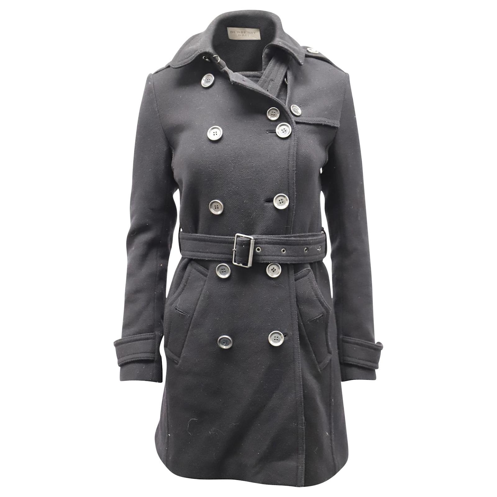 Burberry Double-Breasted Belted Trench Coat in Black Wool ref.576195 ...