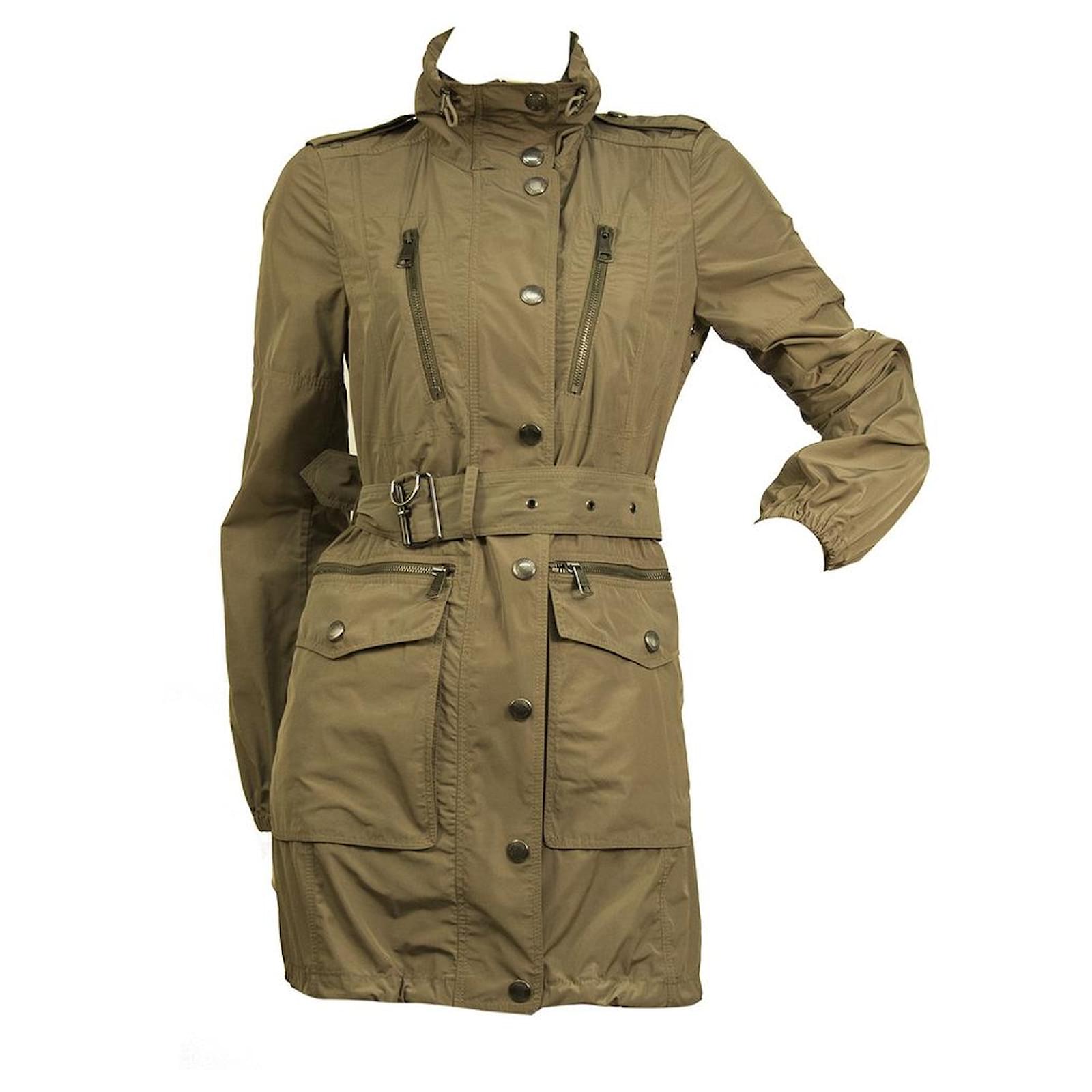 Burberry Brit Khaki Army Green Raincoat Mac Belted Trench Jacket Coat US 4,  UK 6 Polyester  - Joli Closet