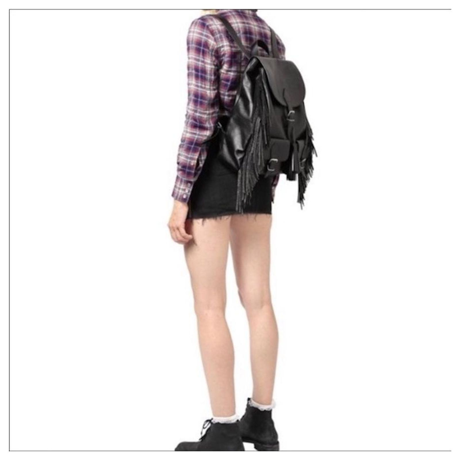 Saint Laurent Studded Fringe Festival Backpack. Black  display picture 1