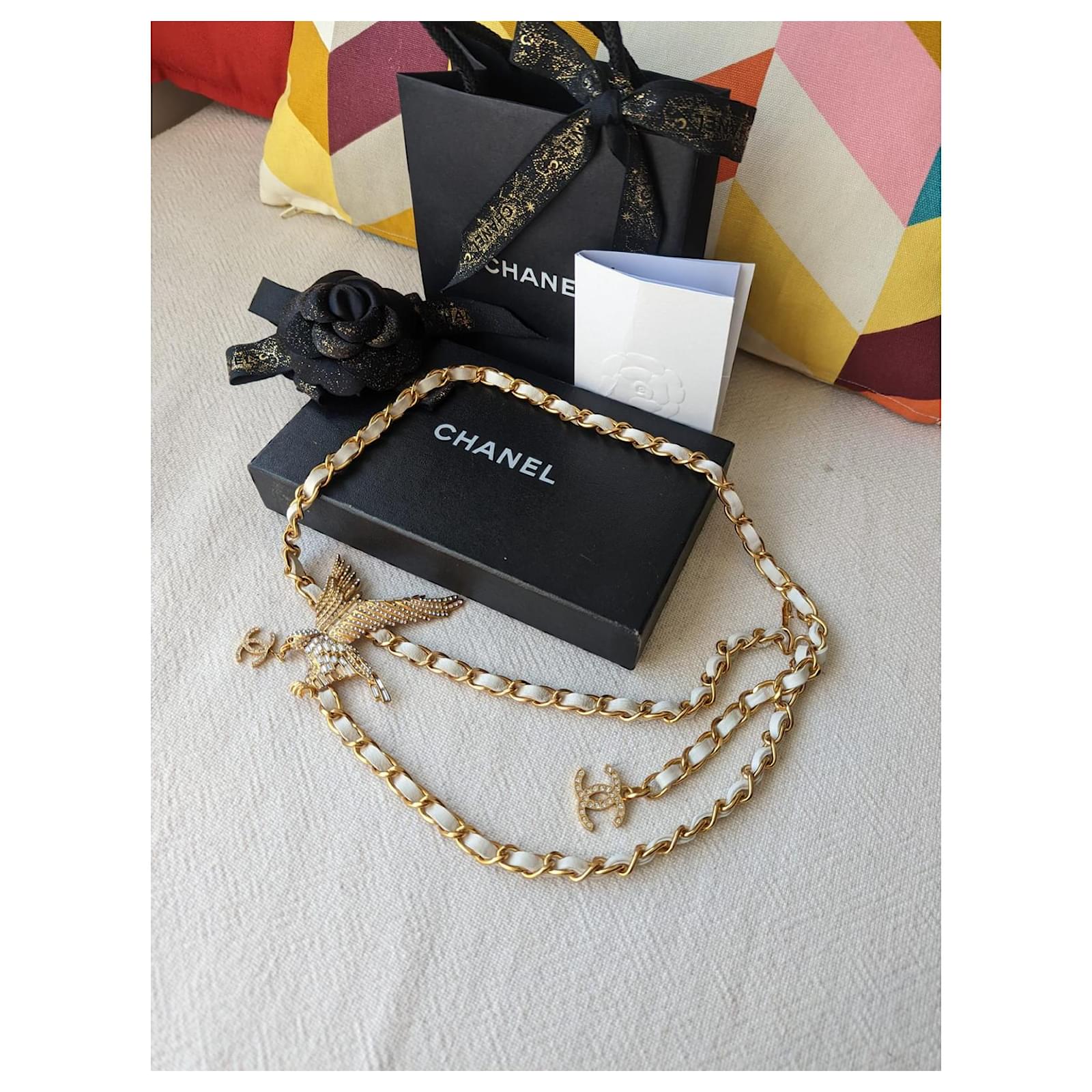 Chanel Rare Jewelled Eagle Black and Gold Runway Belt or Necklace For Sale  at 1stDibs